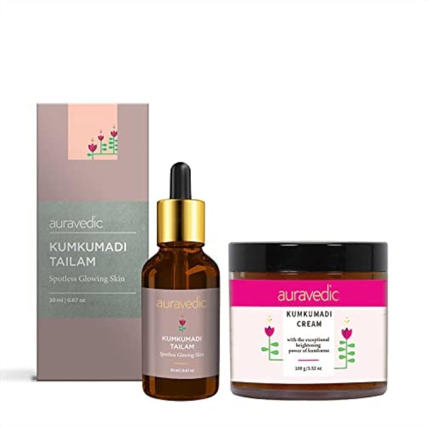 Kumkumadi Glow Boosters with tailam bottle and face cream