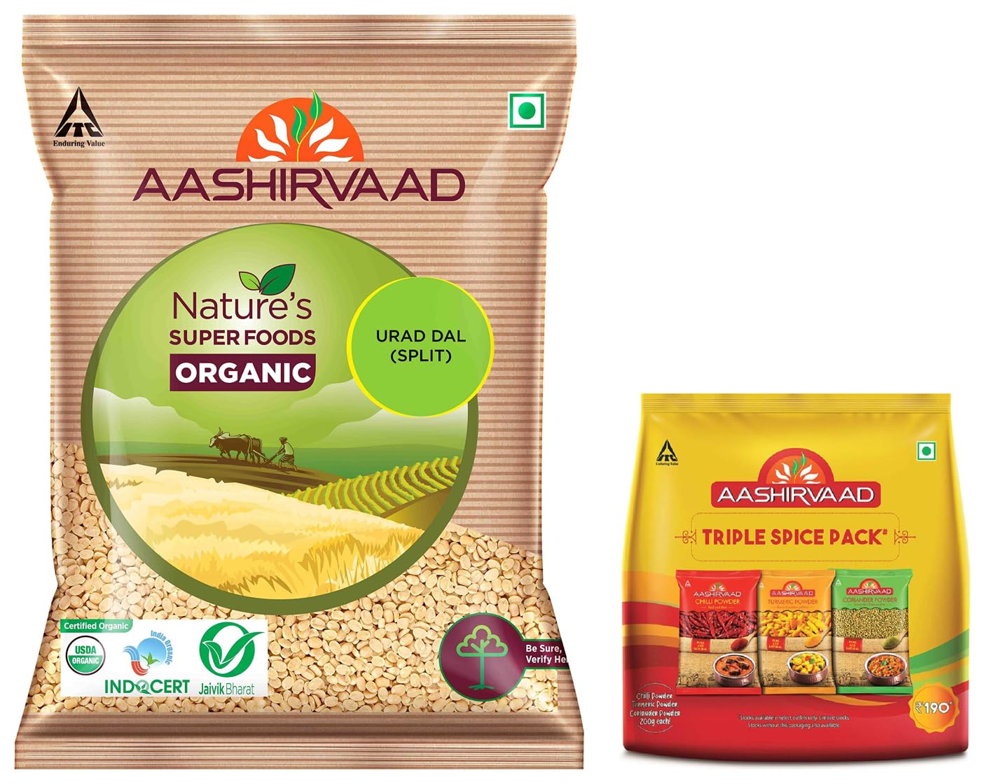 Organic urad dal and three Aashirvaad spice packs together