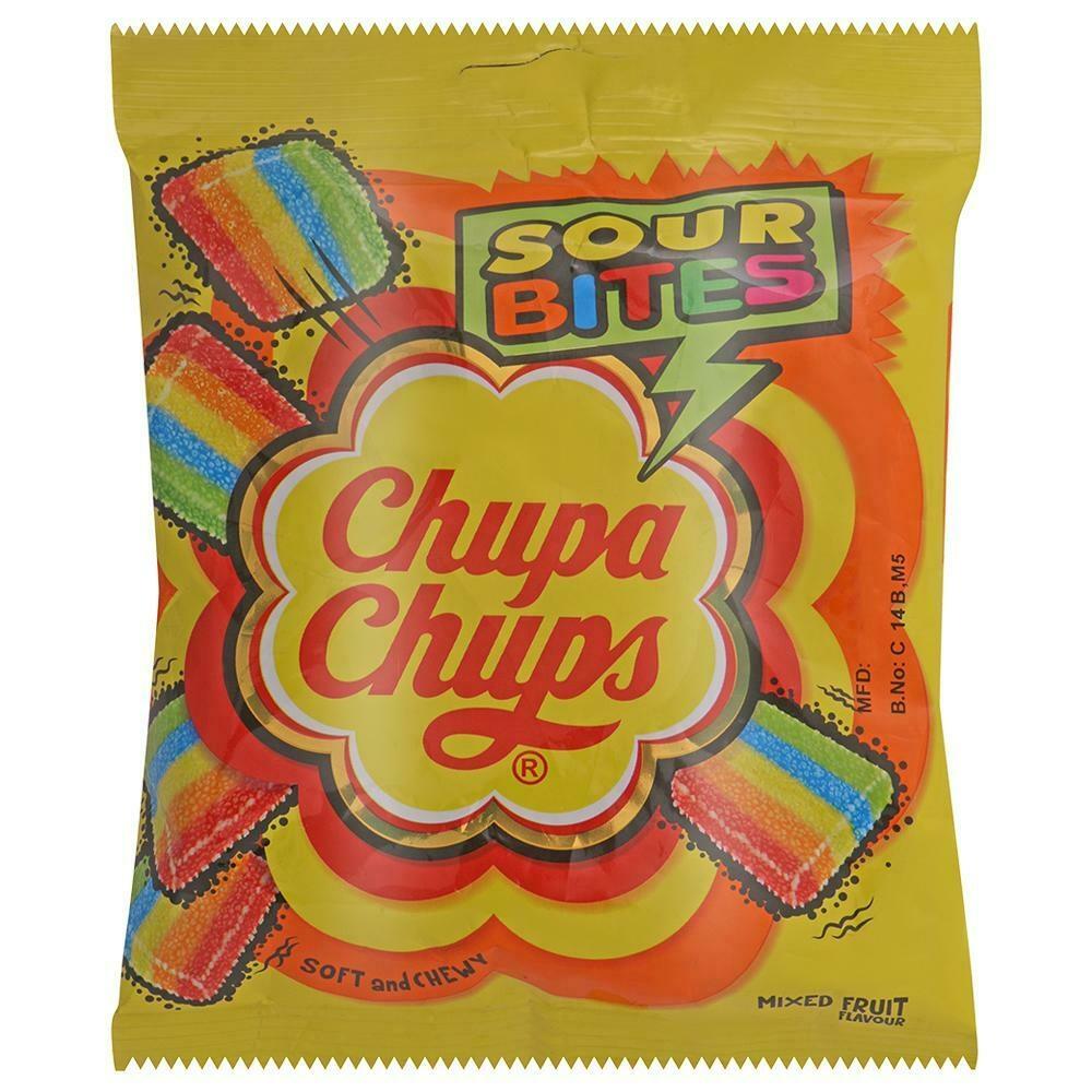 Packet of Chupa Chups Sour Bites colorful mixed fruit chews