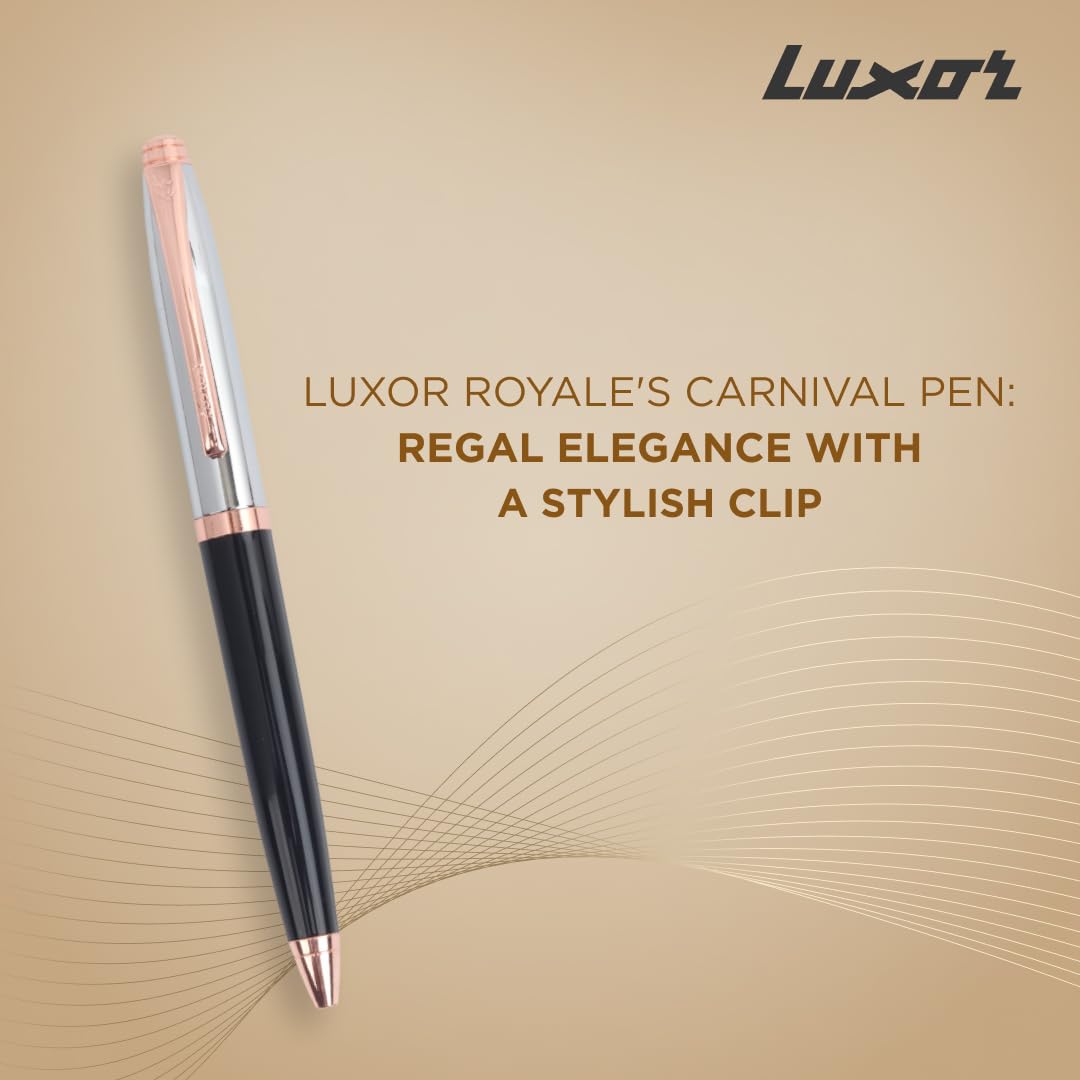 Luxor Royale, Carnival, Ball Pen, Pack of 1, Lacque Black Body, Ink Colour- Blue, Shiny Chrome Cap, Rose Gold Trim, Stylish Clip, Regal & Elegant, Best Pen For Gifting – view 2
