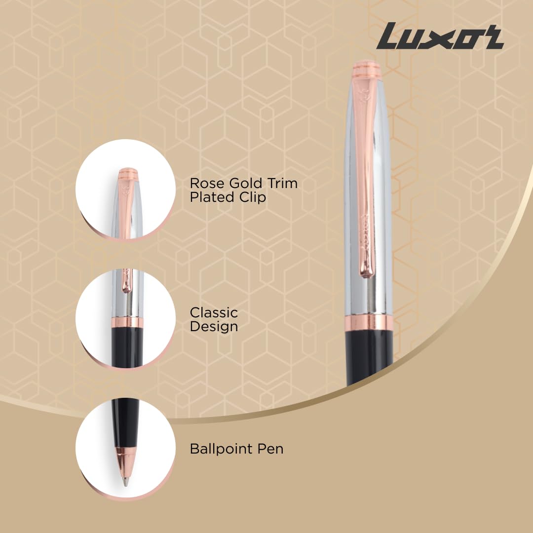 Luxor Royale, Carnival, Ball Pen, Pack of 1, Lacque Black Body, Ink Colour- Blue, Shiny Chrome Cap, Rose Gold Trim, Stylish Clip, Regal & Elegant, Best Pen For Gifting – view 3