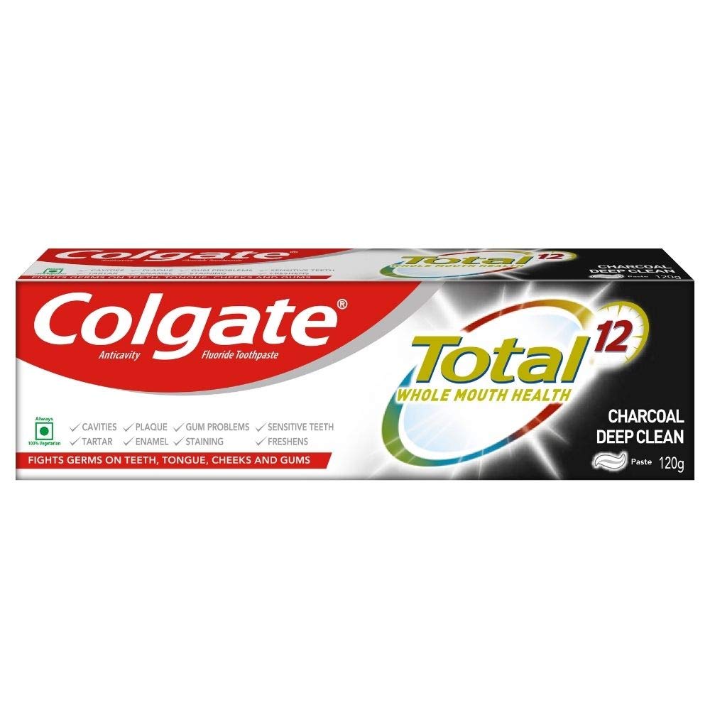 Front view of Colgate Total charcoal toothpaste 120 g tube