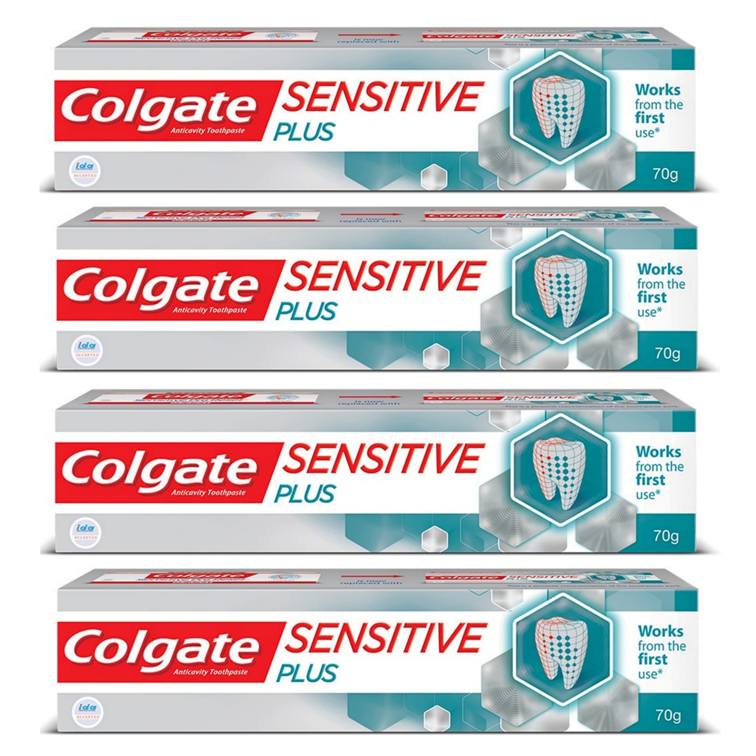 Four Colgate Sensitive Plus mint toothpaste tubes, 70 g each