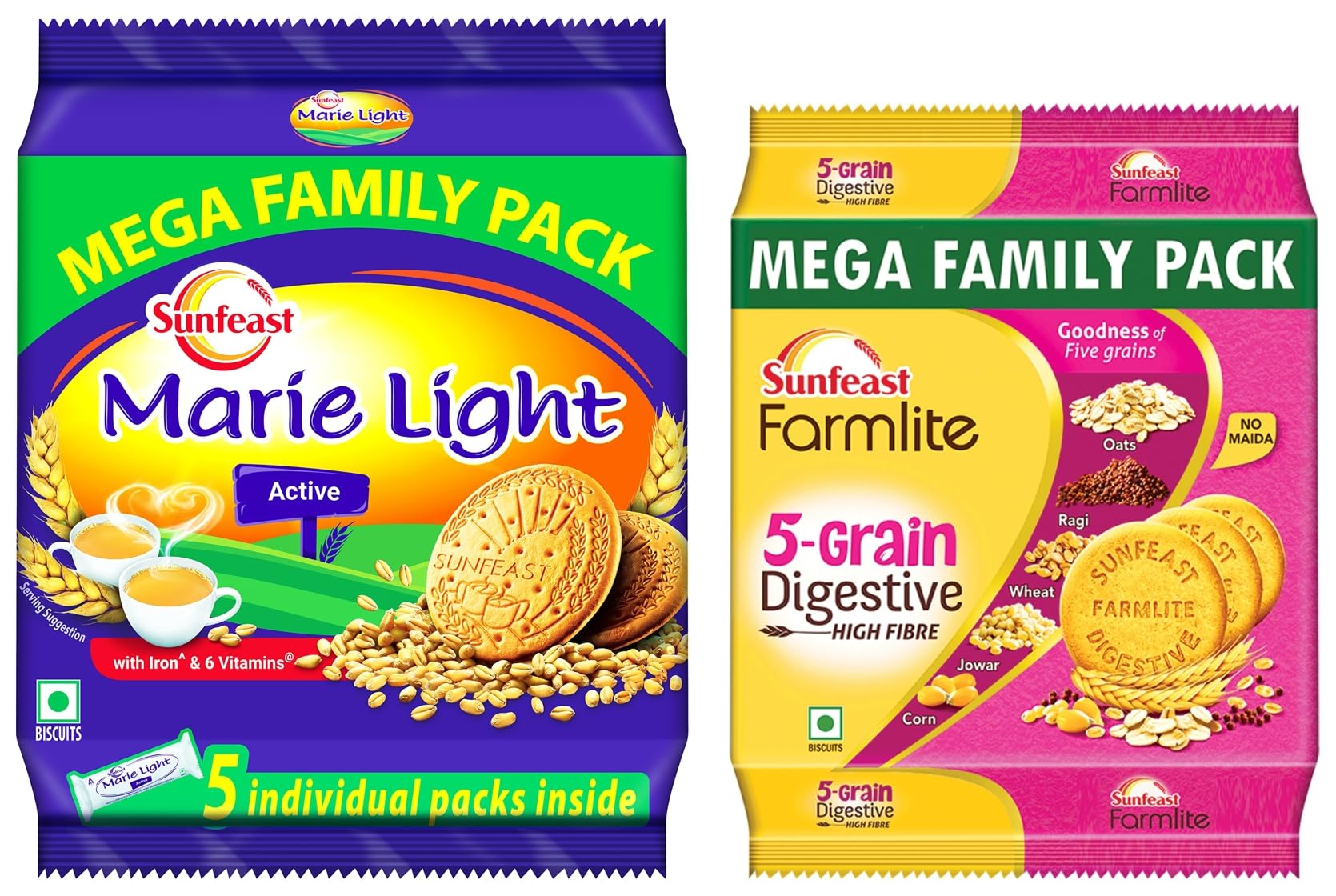 Sunfeast Farmlite 5 Grain Digestive Biscuit, High Fibre Biscuit, Goodness of 5 Grains, 800 g Pack & Sunfeast Marie Light Active Bag, 1 kg