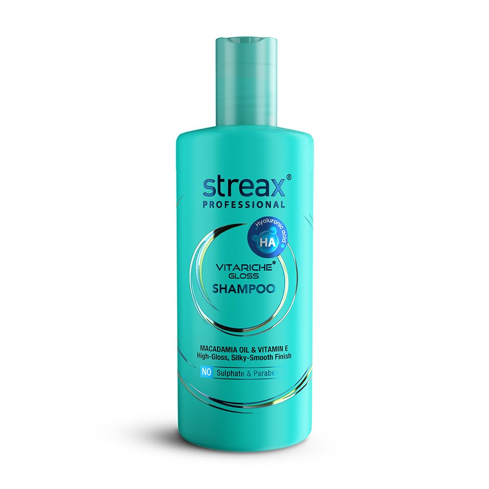 Front-facing Streax Vitariche Gloss Shampoo 300 ml bottle for dry hair