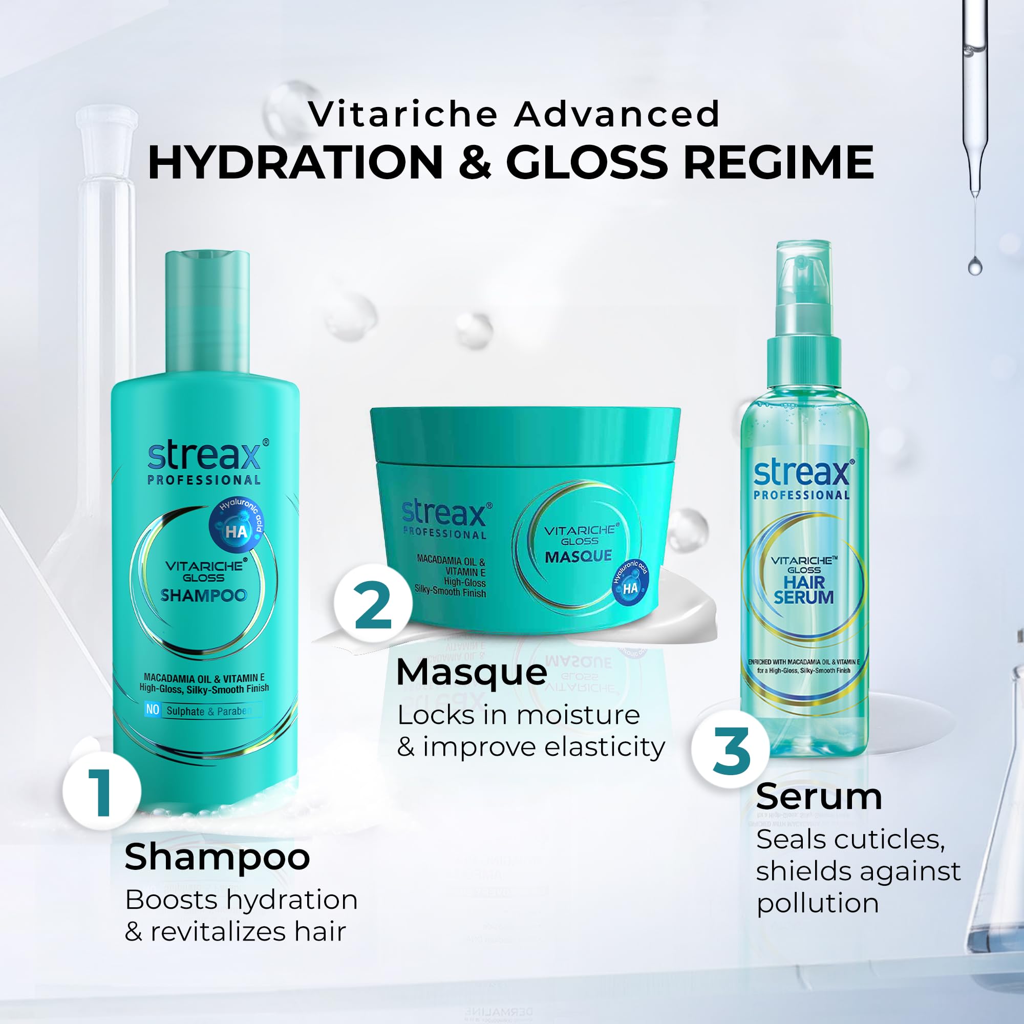 Streax Professional Vitariche Gloss Shampoo with With Hyaluronic Acid -300ml, Sulfate-Free Shampoo for Dry, Damaged & Frizzy Hair, Hydrating & Nourishing Shampoo with Hyaluron Molecules for Frizz Control, For All Hair Types – view 7