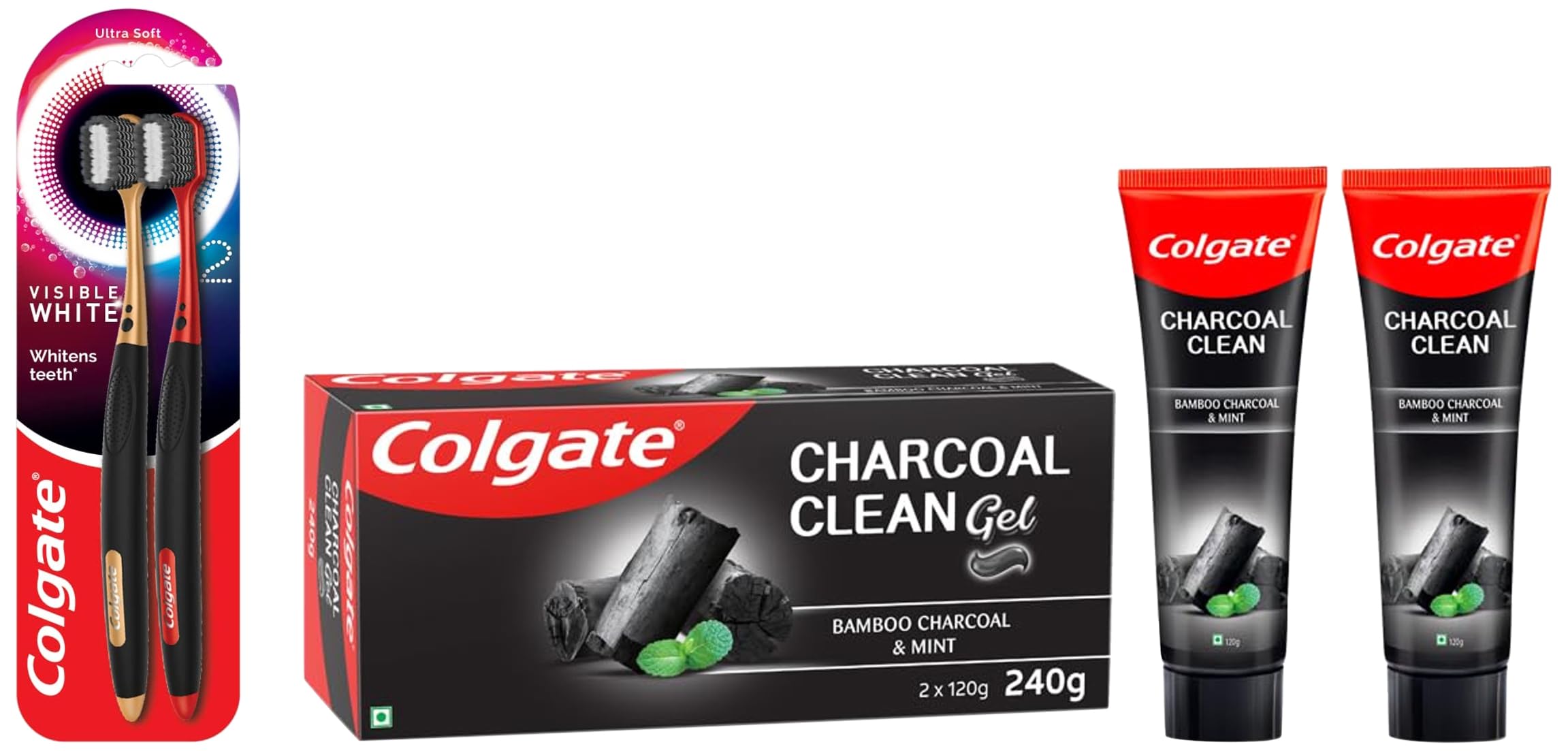 Two Colgate manual toothbrushes and Charcoal Clean toothpaste pack