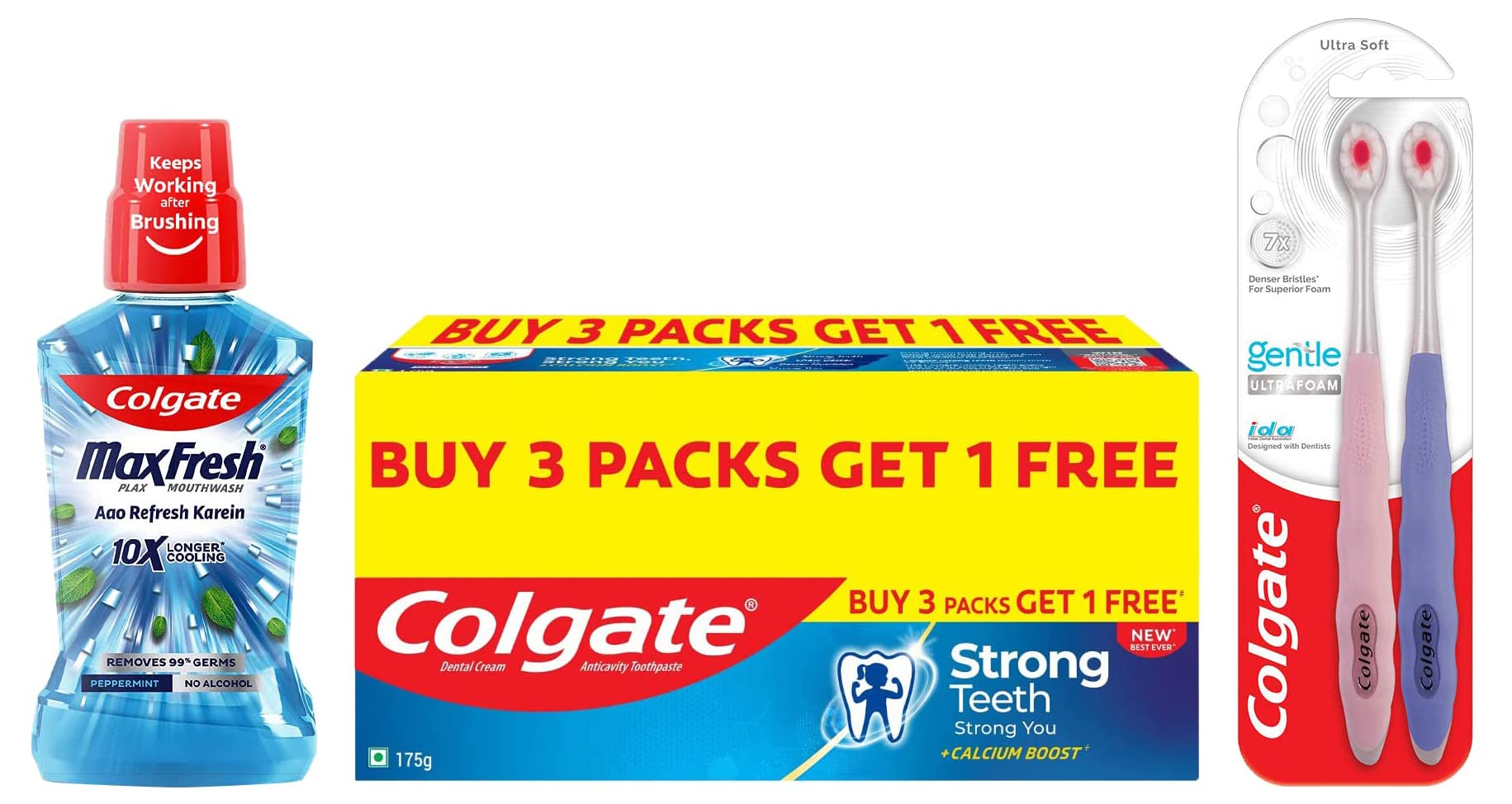 Colgate peppermint mouthwash with UltraFoam toothbrush and Strong Teeth toothpaste