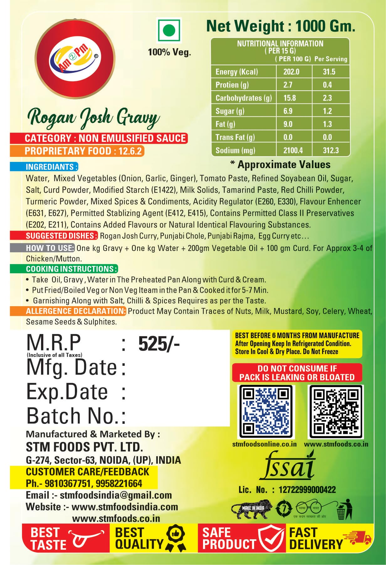 Am 2 Pm - Rogan Josh Gravy Ready To Cook Mutton Curry, Chicken Curry and Fish Curry Paste 1 kg – view 3