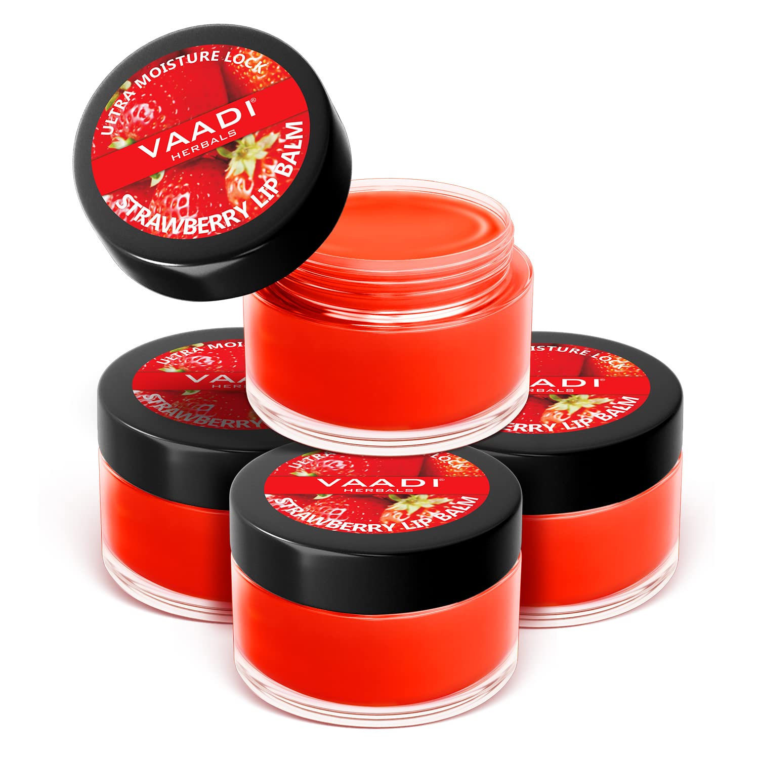 Four jars of Vaadi Herbals strawberry and honey cream lip balm