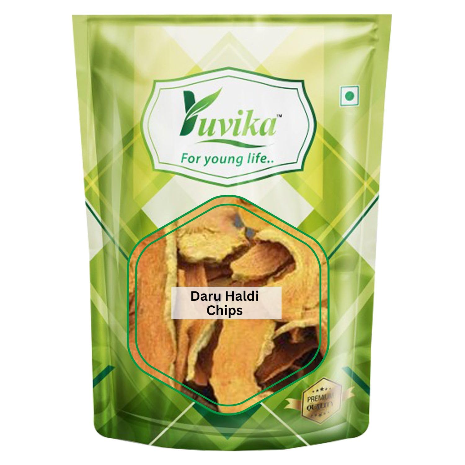 Front pack of Yuvika Daru Haldi Chips 100 grams