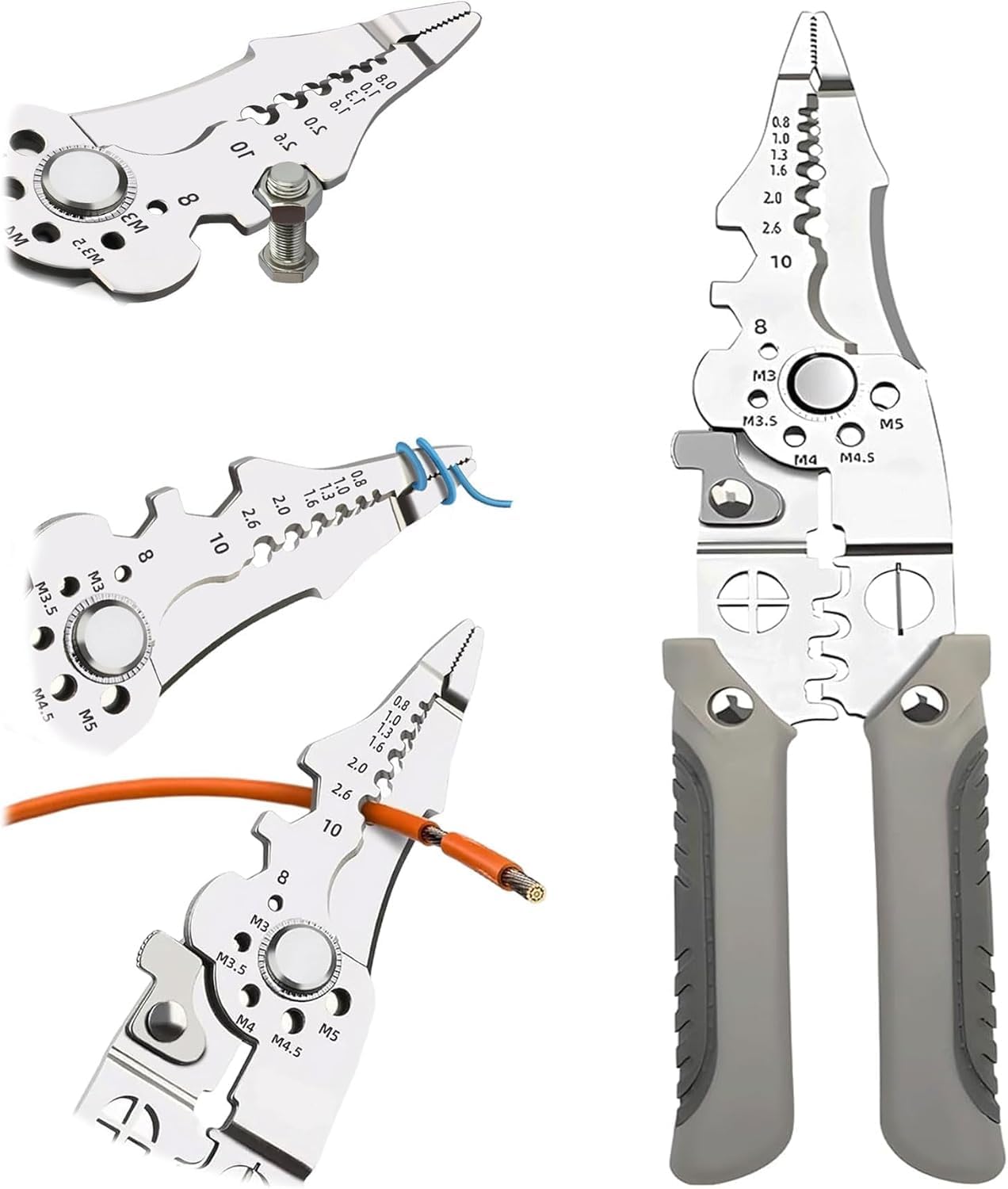 Stainless steel wire stripping and crimping pliers for electrical work