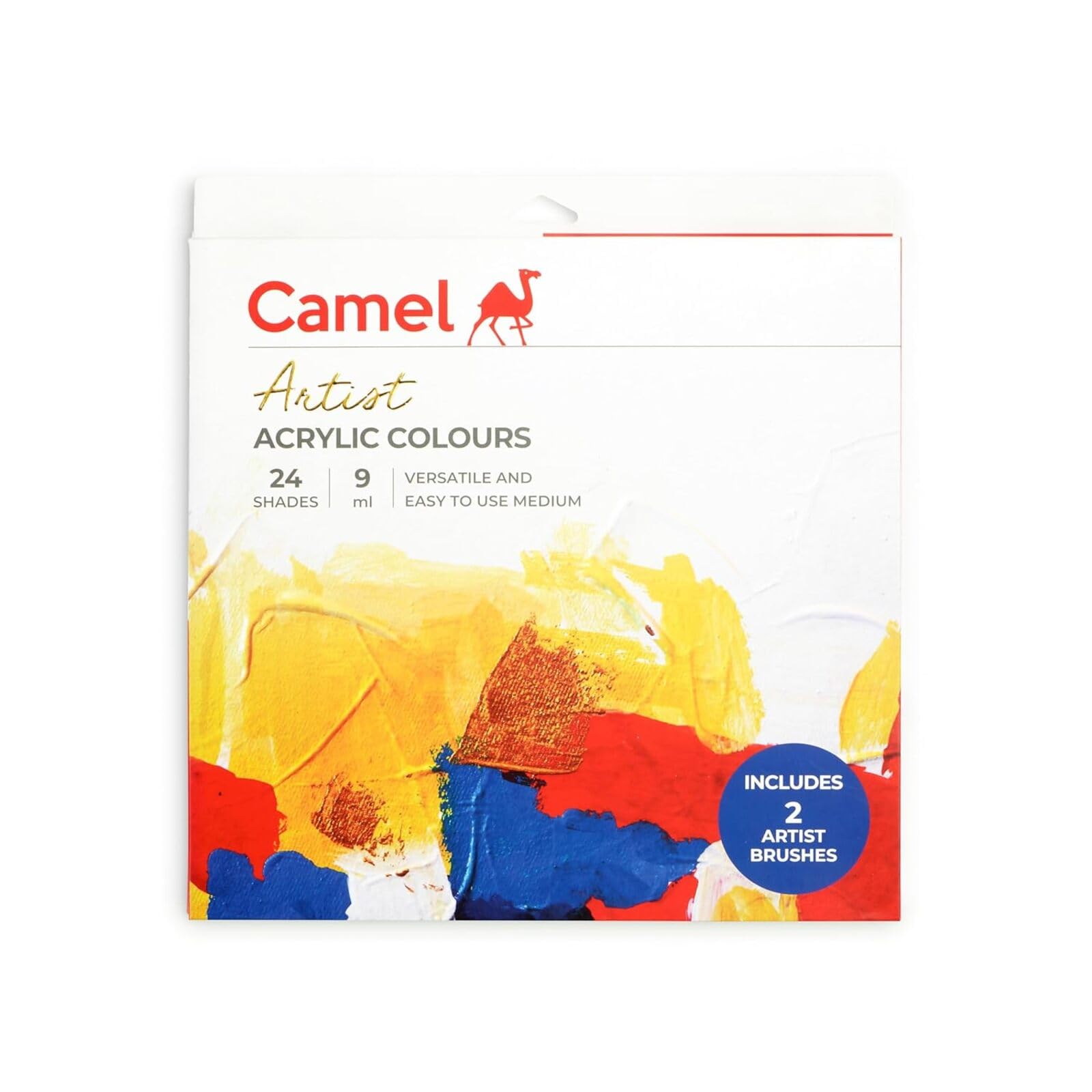 Multicolor Camel acrylic paint tin with brushes and white tube