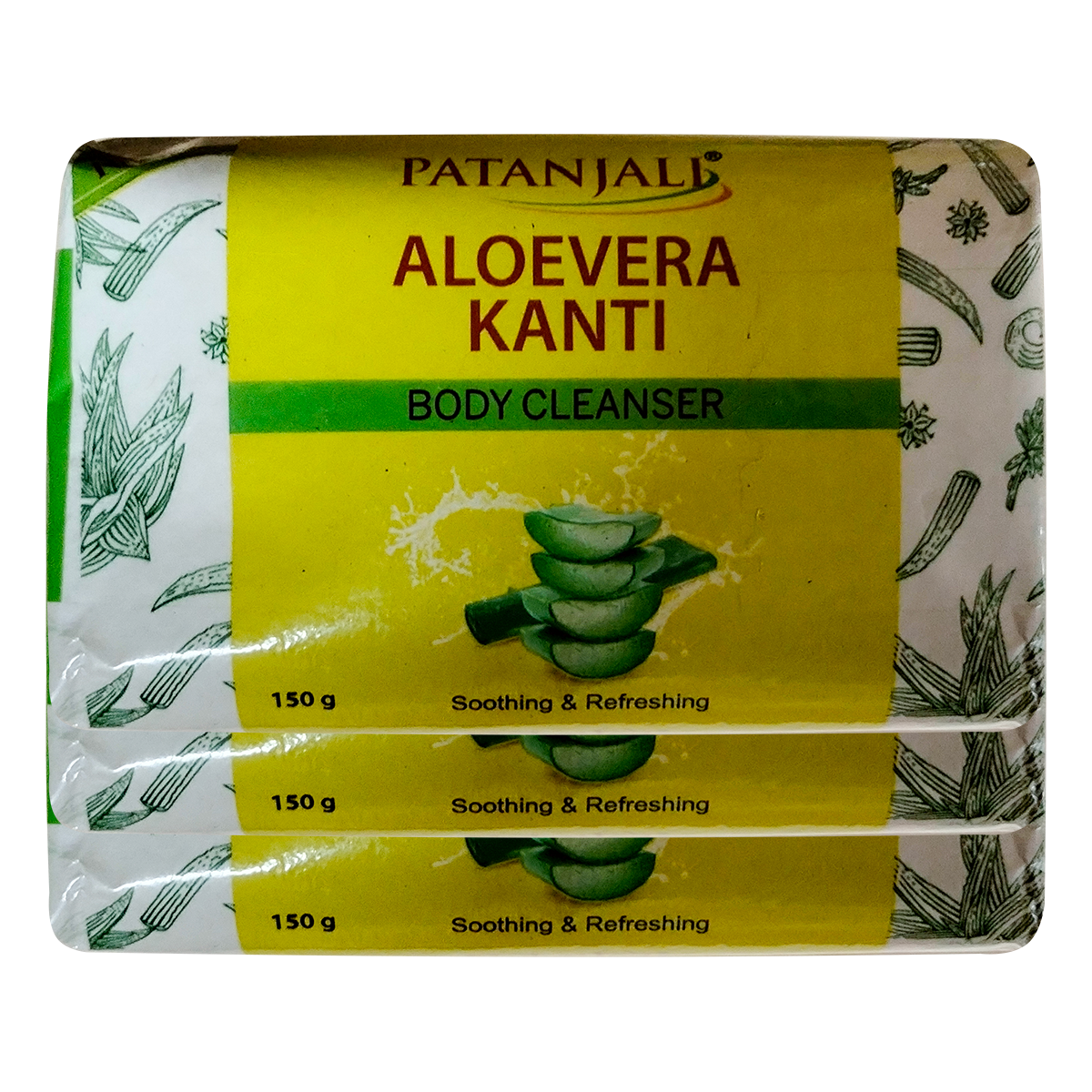 Three 150g bars of Patanjali Aloevera Kanti body cleanser pack