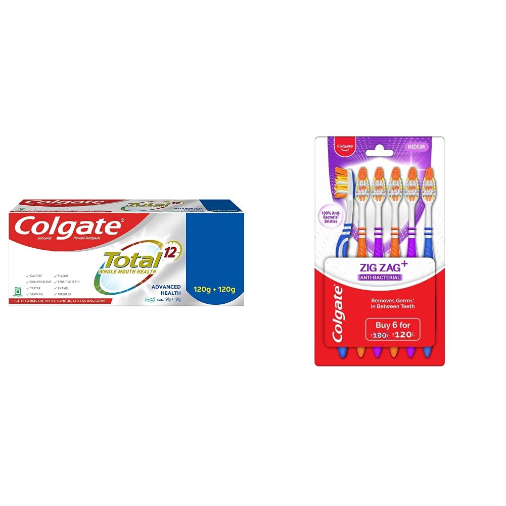 Colgate Total Whole Mouth Health, Antibacterial Toothpaste, 120gm + 120gm (Advanced Health, Saver Pack) and Colgate ZigZag Anti-Bacterial Toothbrush - Medium (Pack of 6) – view 1