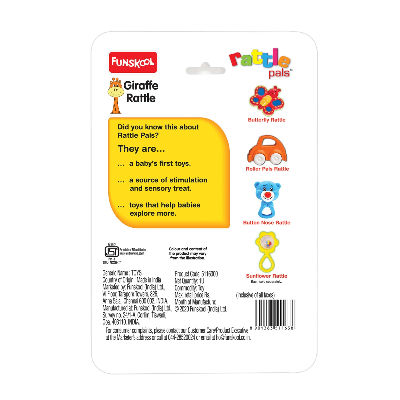 Funskool Giggles, Baby Giraffe Rattle , Colourful Animal rattle for New born baby, Stimulates Senses,Rattling sound, 6 months & above, Infant Toys – view 3