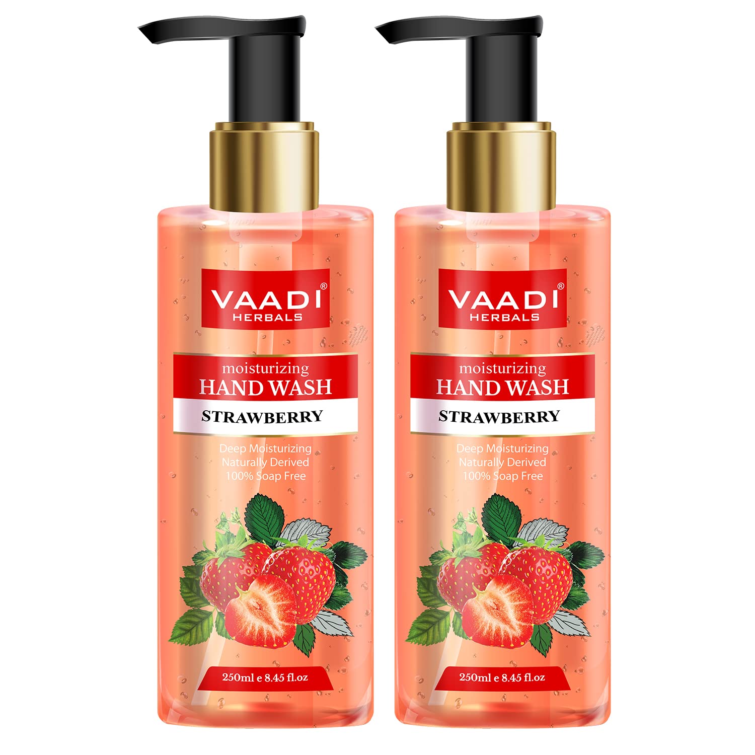 Two Vaadi Herbals strawberry hand wash bottles, 250 ml each