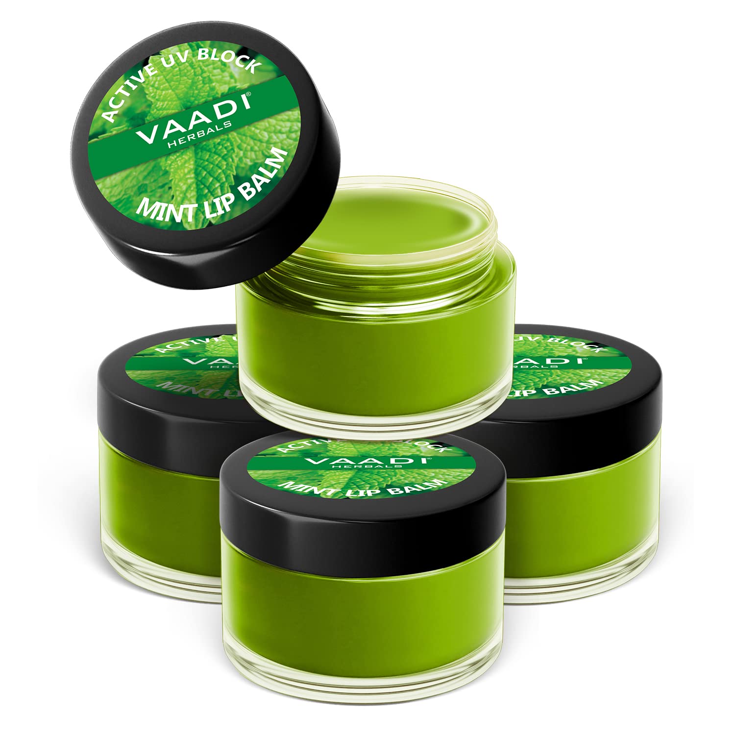Four 10g Vaadi Herbals mint lip balm tubs