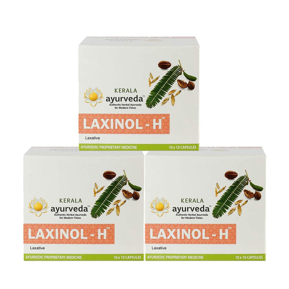 Three bottles of Kerala Ayurveda Laxinol-H capsules shown