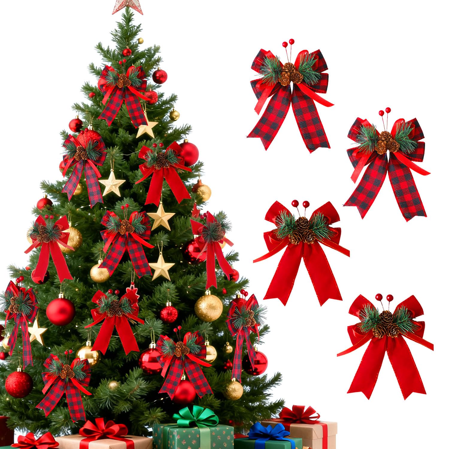 Red and plaid Christmas bows set with pine cones and berries