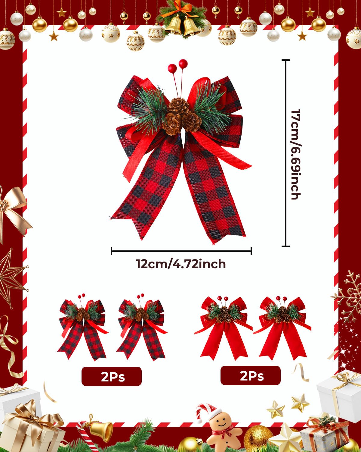 BAOTUJIA 4Pcs Christmas Tree Decorations Bows, Christmas Hanging Ornament Set Suitable for Xmas Home Decor Tree Hanging – view 2