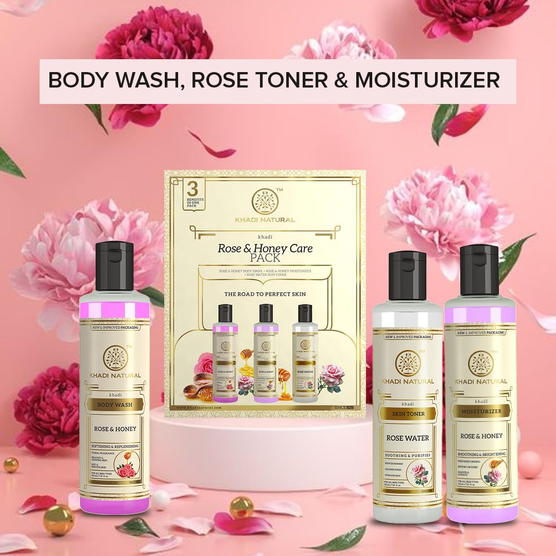 Khadi Natural Rose & Honey Gift Pack with Rose & Honey Body Wash, Rose & Honey Moisturizer & Rose Water Skin Toner – view 2
