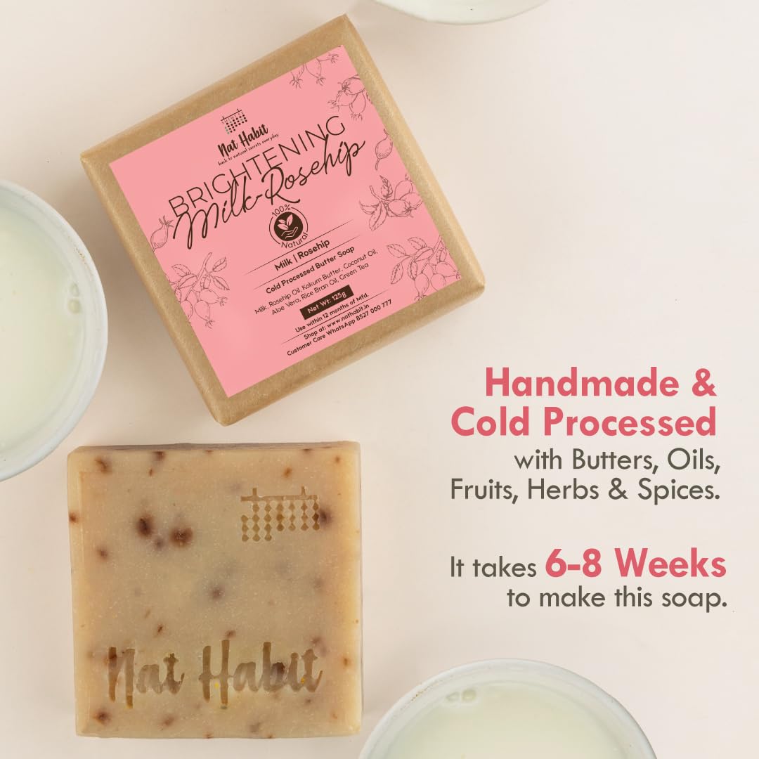 Nat Habit Bath Soap Combo Milk Rosehip & Sandalwood - Enriched with Vitamins C & Ayurvedic Cold Processed For Exfoliation, Brightening, Cleansing, Nourishing, Men & Women (2 X 125gm) – view 2