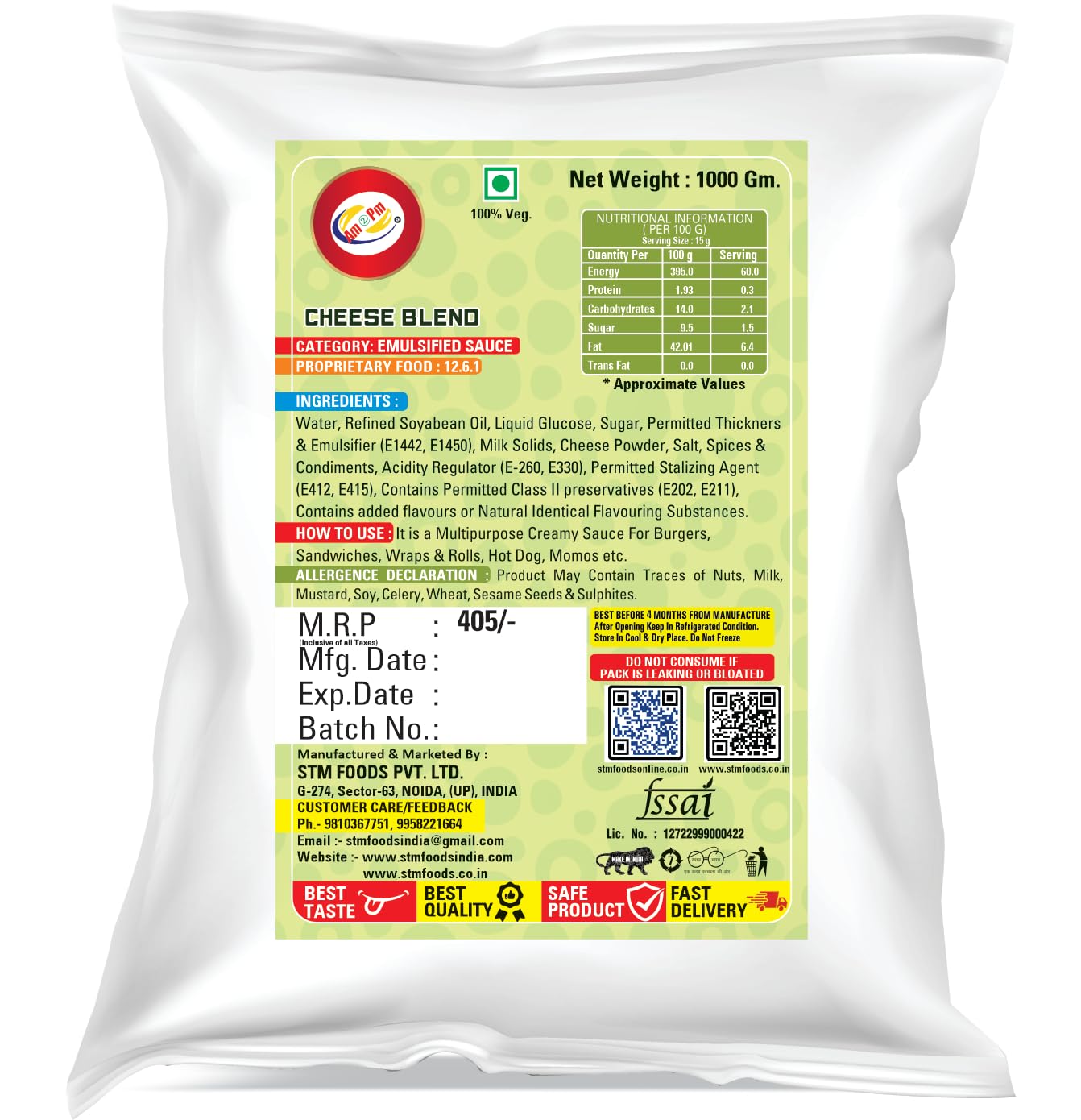 Am 2 Pm - Multiopurpose Cheese Blend Creamy Sauce For Burgers, Sandwiches,Wraps & Rolls Hot Dog, Pop-Corn, Pizza, Pasta, French Fries - 1 Kg – view 2