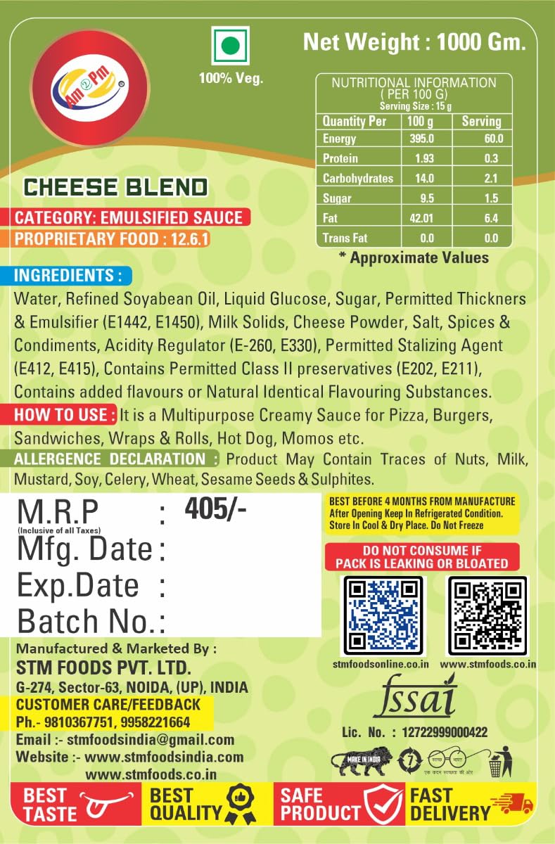 Am 2 Pm - Multiopurpose Cheese Blend Creamy Sauce For Burgers, Sandwiches,Wraps & Rolls Hot Dog, Pop-Corn, Pizza, Pasta, French Fries - 1 Kg – view 3
