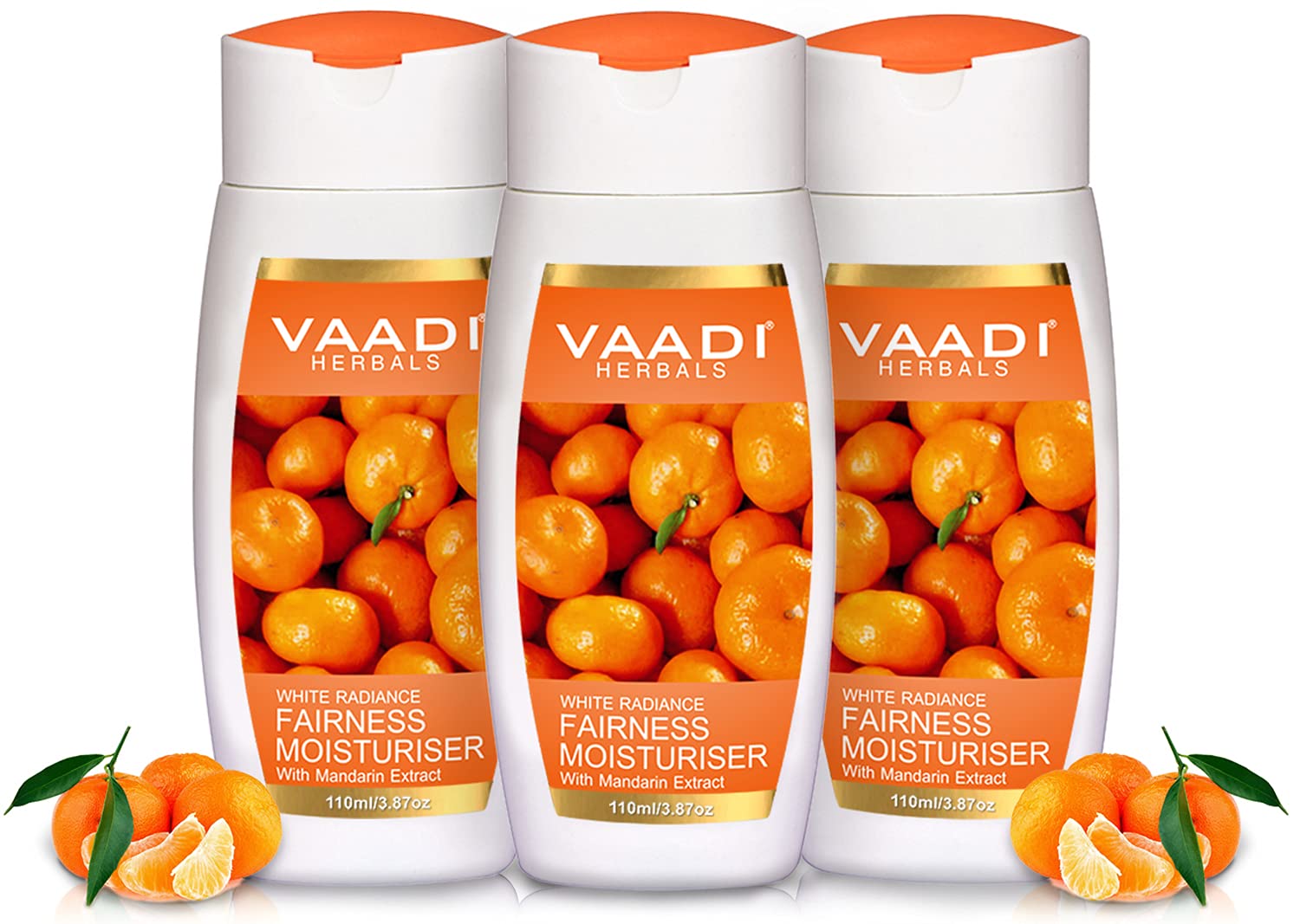 Three Vaadi Herbals fairness moisturiser bottles with mandarin extract
