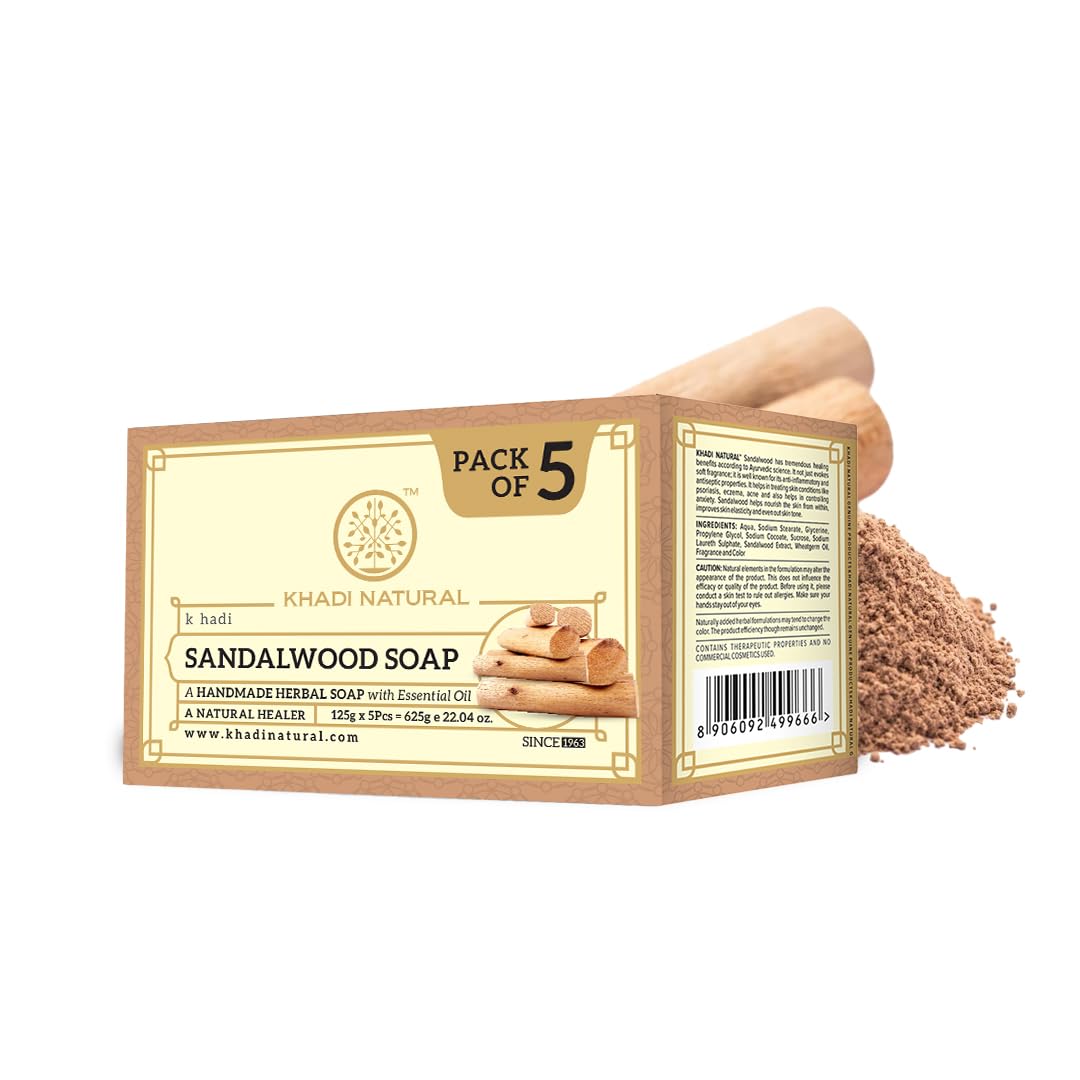 Five Khadi Natural sandalwood soap bars in retail carton