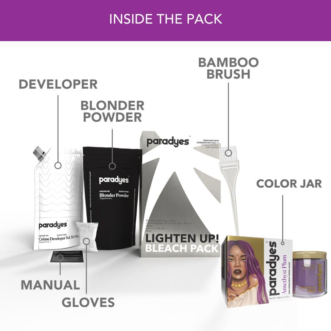 Paradyes Semi-permanent Amethyst Plum DIY Conditioner Based Hair Colour 120 gm and Lighten Up! Bleach Pack 30 Vol. for all Hair Types – view 3