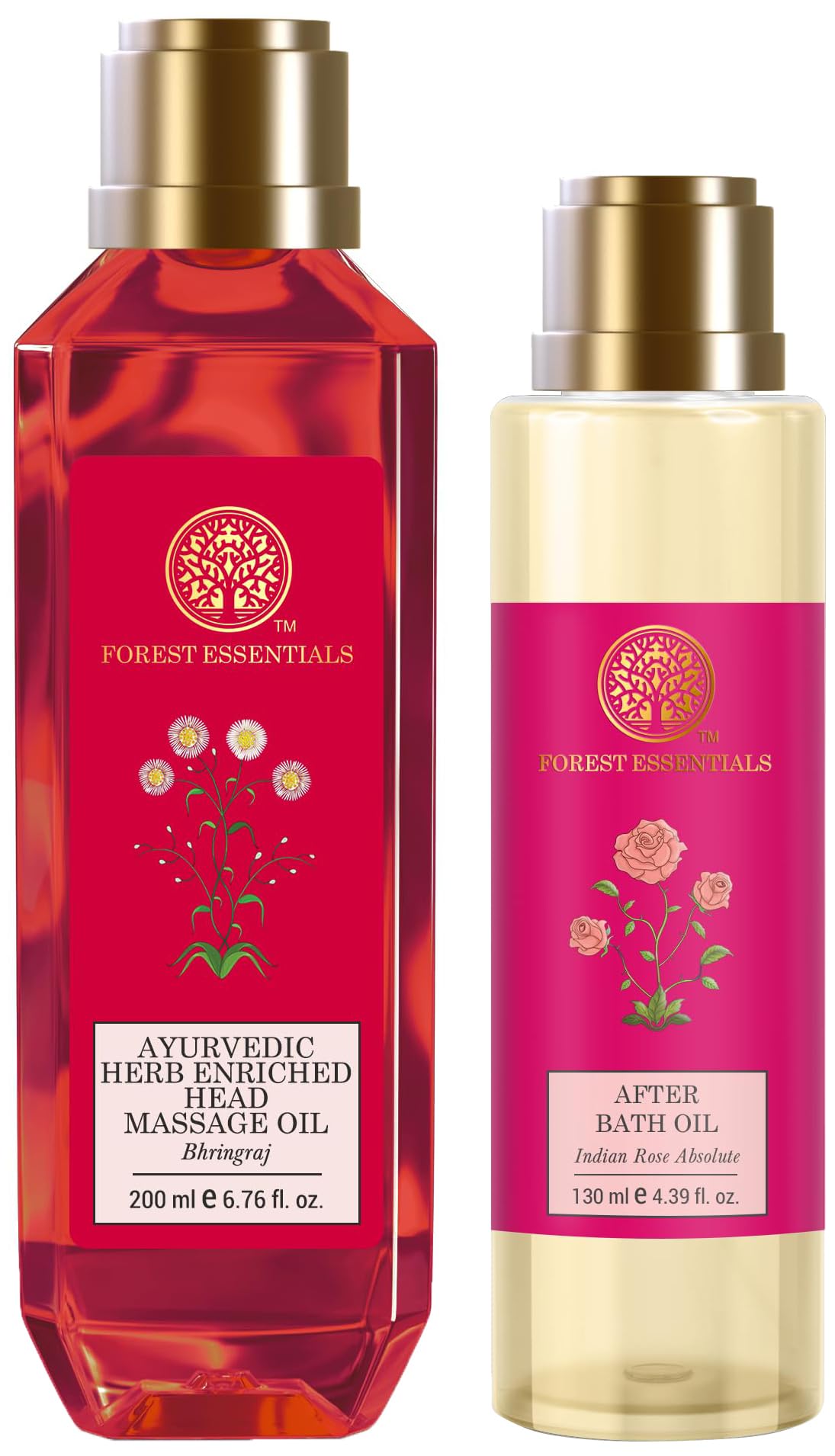 Two Forest Essentials oil bottles with rose and Bhringraj variants