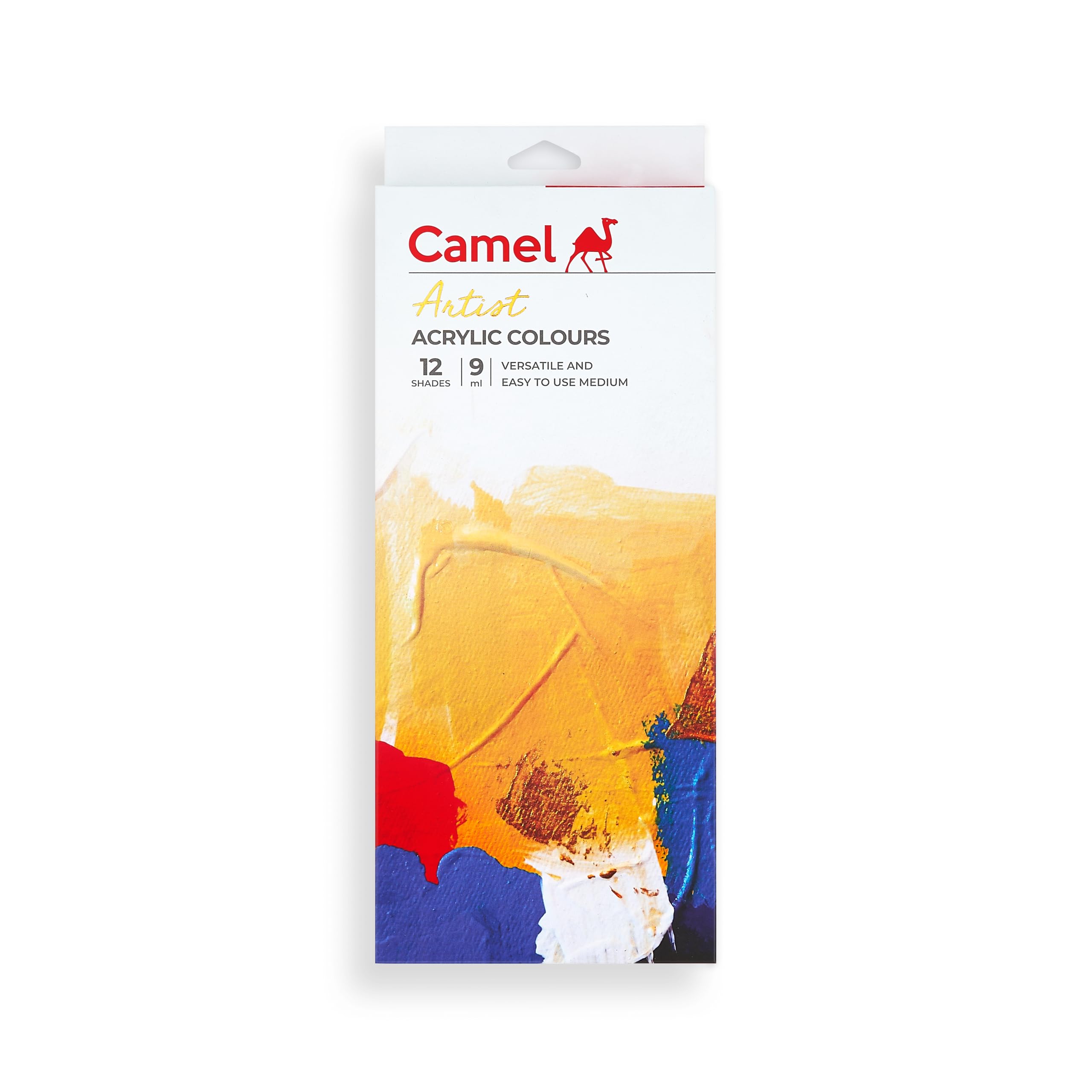 Box of Camel acrylic paints in 12 assorted 9 ml tubes