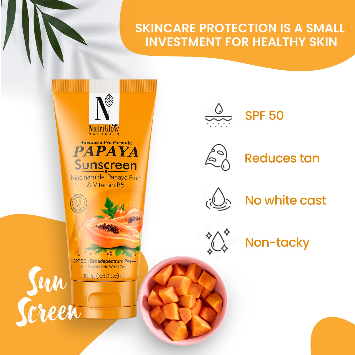 NutriGlow NATURAL'S Advanced Pro Formula Papaya Sunscreen SPF 50, PA+++ No White Cast, Non-Greasy, with Broad Spectrum, UV A & UV B Blue Light Protection, for Men & Women Suitable for Oily, Dry, Sensitive & Combination Skin (100 g) – view 3