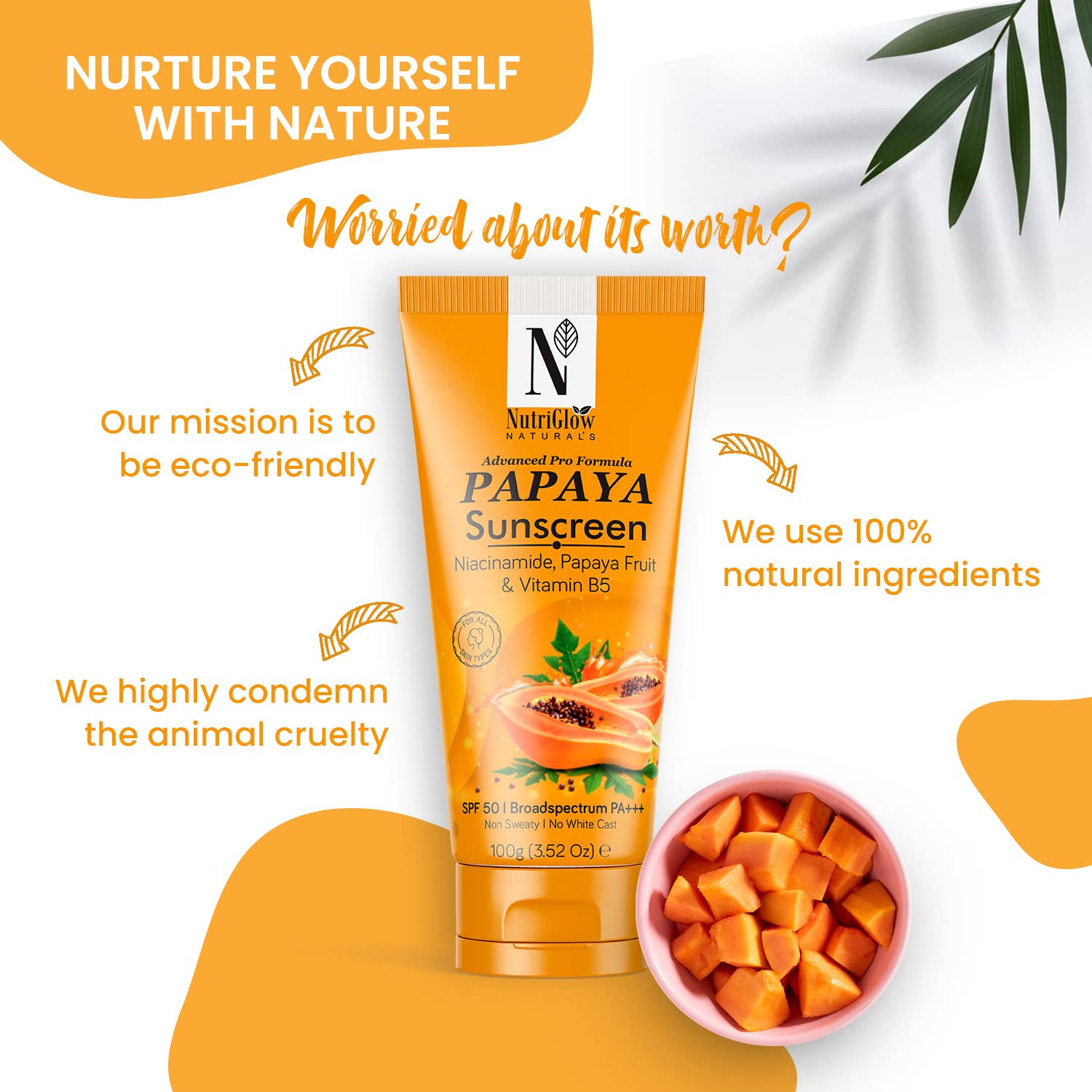 NutriGlow NATURAL'S Advanced Pro Formula Papaya Sunscreen SPF 50, PA+++ No White Cast, Non-Greasy, with Broad Spectrum, UV A & UV B Blue Light Protection, for Men & Women Suitable for Oily, Dry, Sensitive & Combination Skin (100 g) – view 4