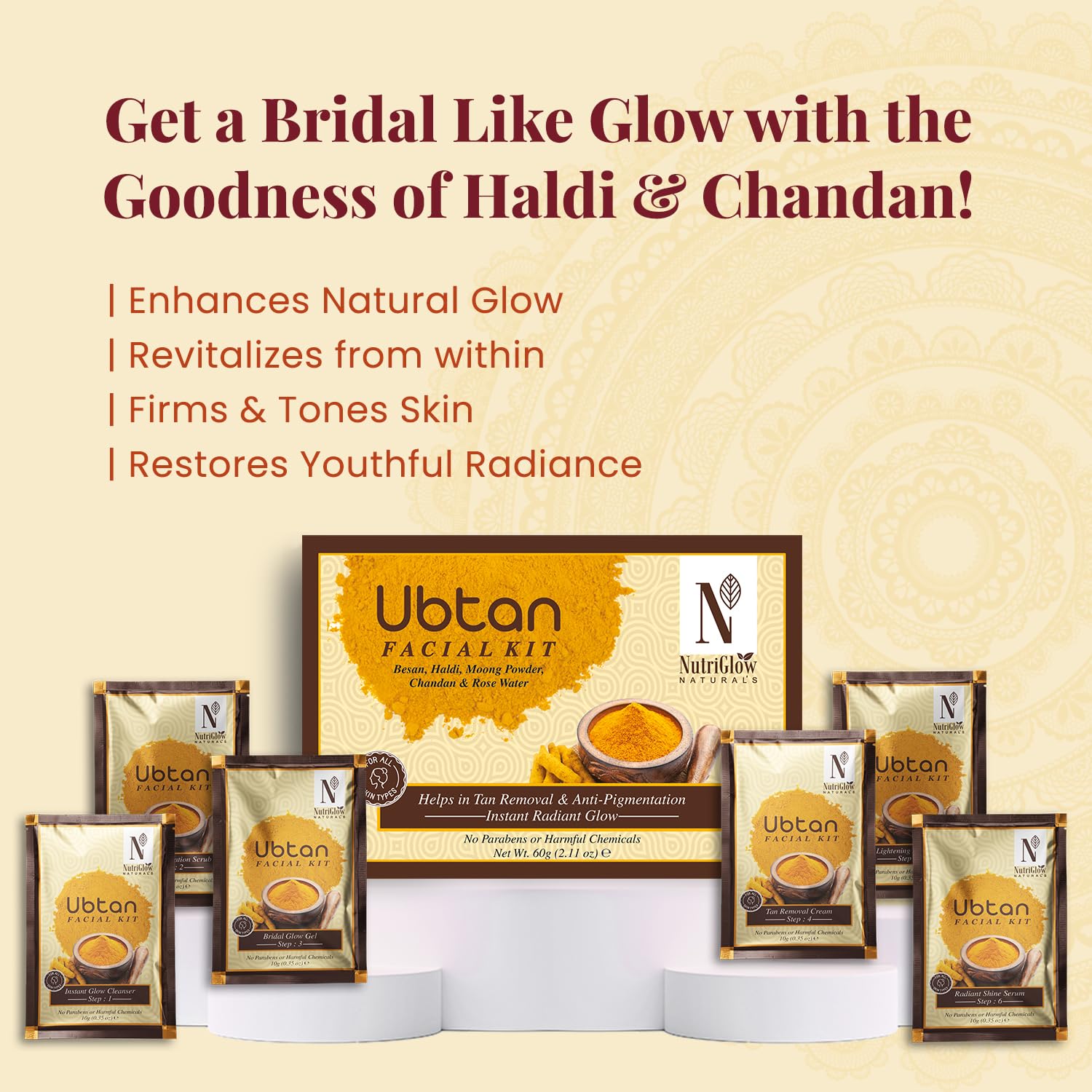 NutriGlow NATURAL'S Ubtan Facial Kit For Glowing Skin With Haldi & Chandan, 60gm – view 2