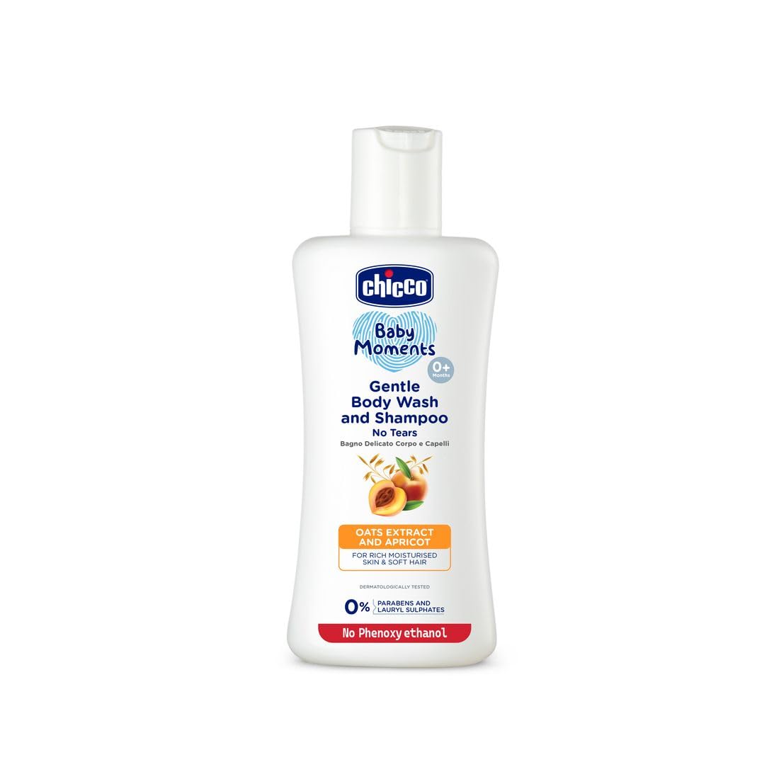 Front view of Chicco Baby Moments baby wash and shampoo bottle