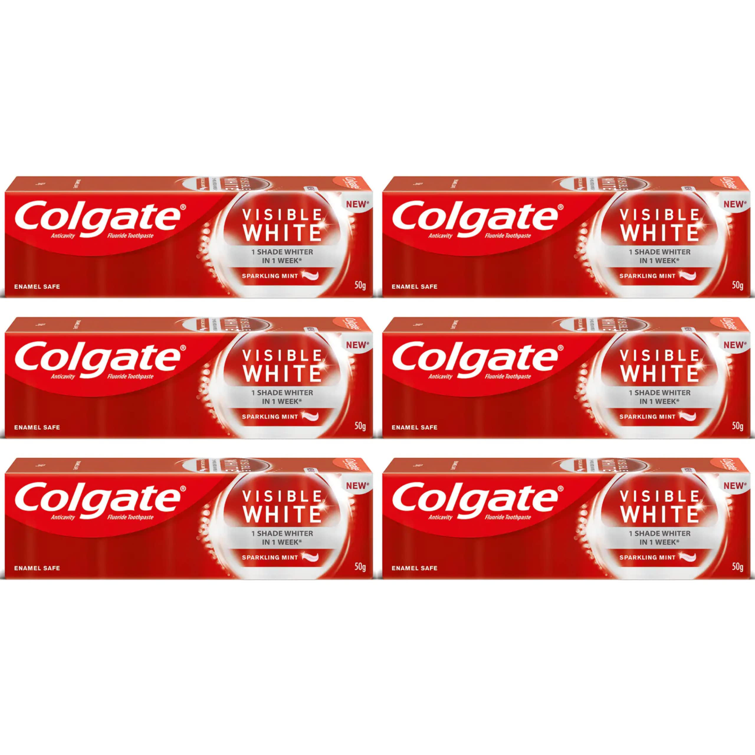 Colgate Visible White toothpaste pack with six 50g tubes
