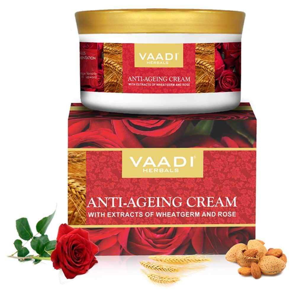 Front view of Vaadi Herbals anti ageing cream 150g jar