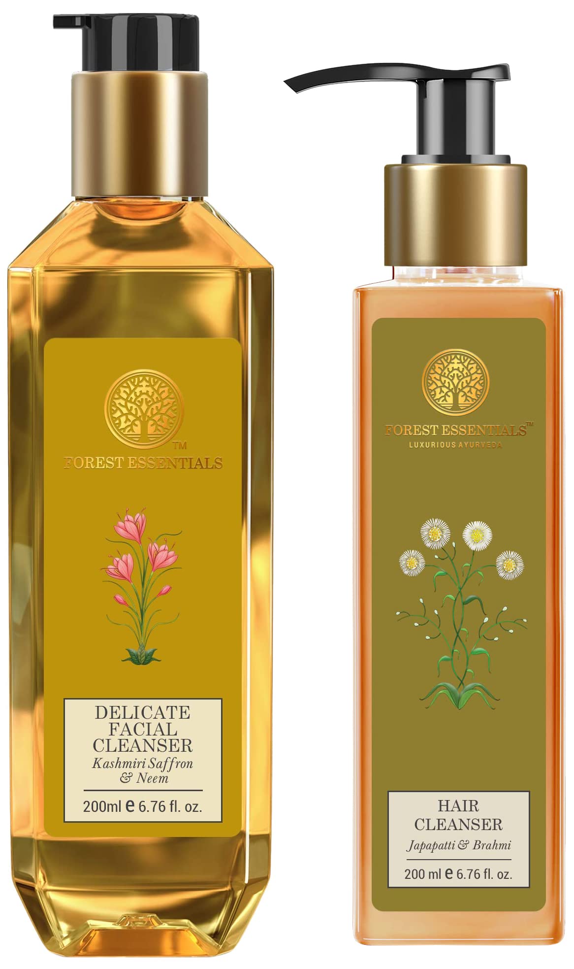 Forest Essentials hair and face cleansers in retail packaging