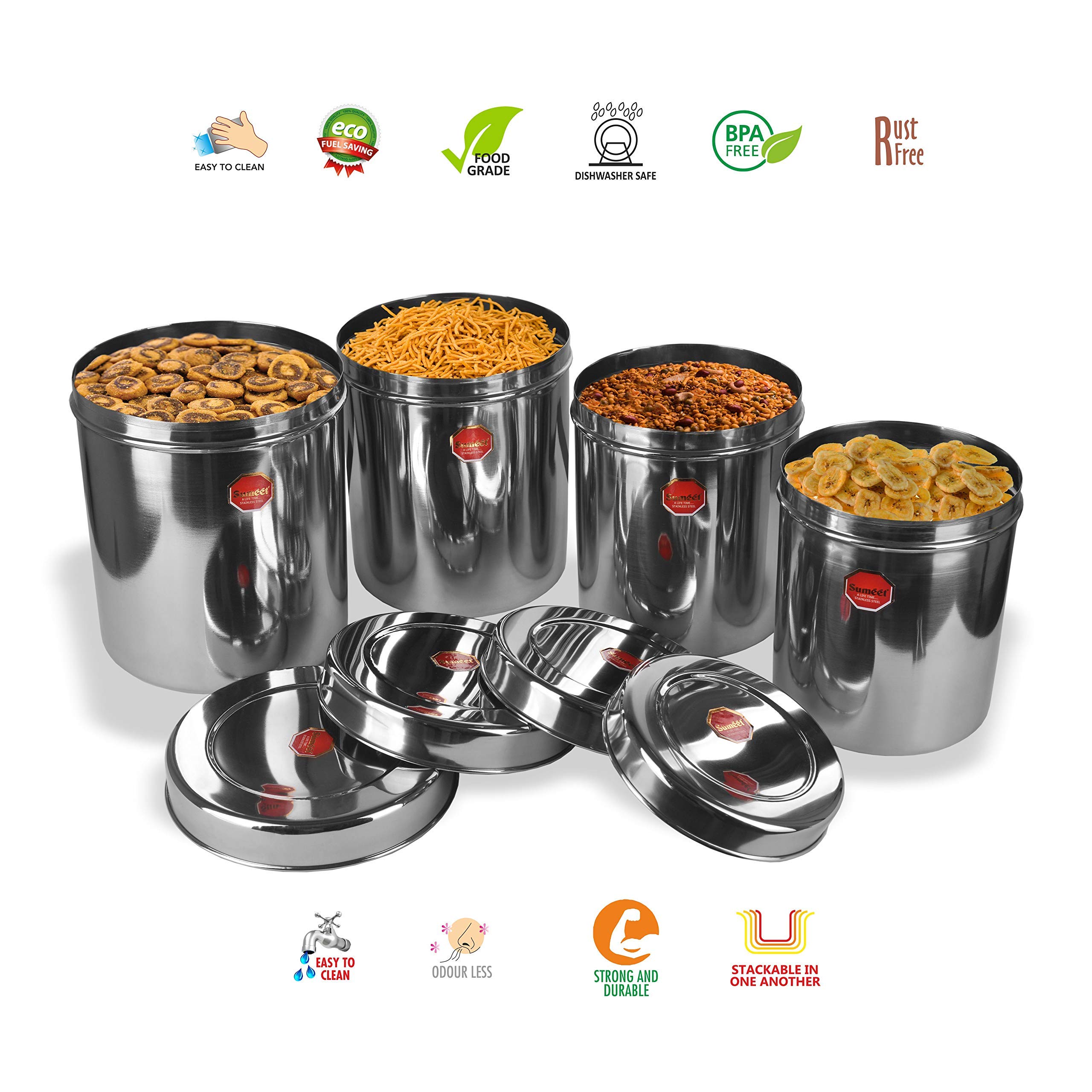 Sumeet Stainless Steel Vertical Canisters/Ubha Dabba/Storage Containers Set Of 4Pcs (No. 15 To No. 18) (3.75 Ltr, 4.5Ltr, 5.6Ltr, 6.75Ltr), Beige – view 3