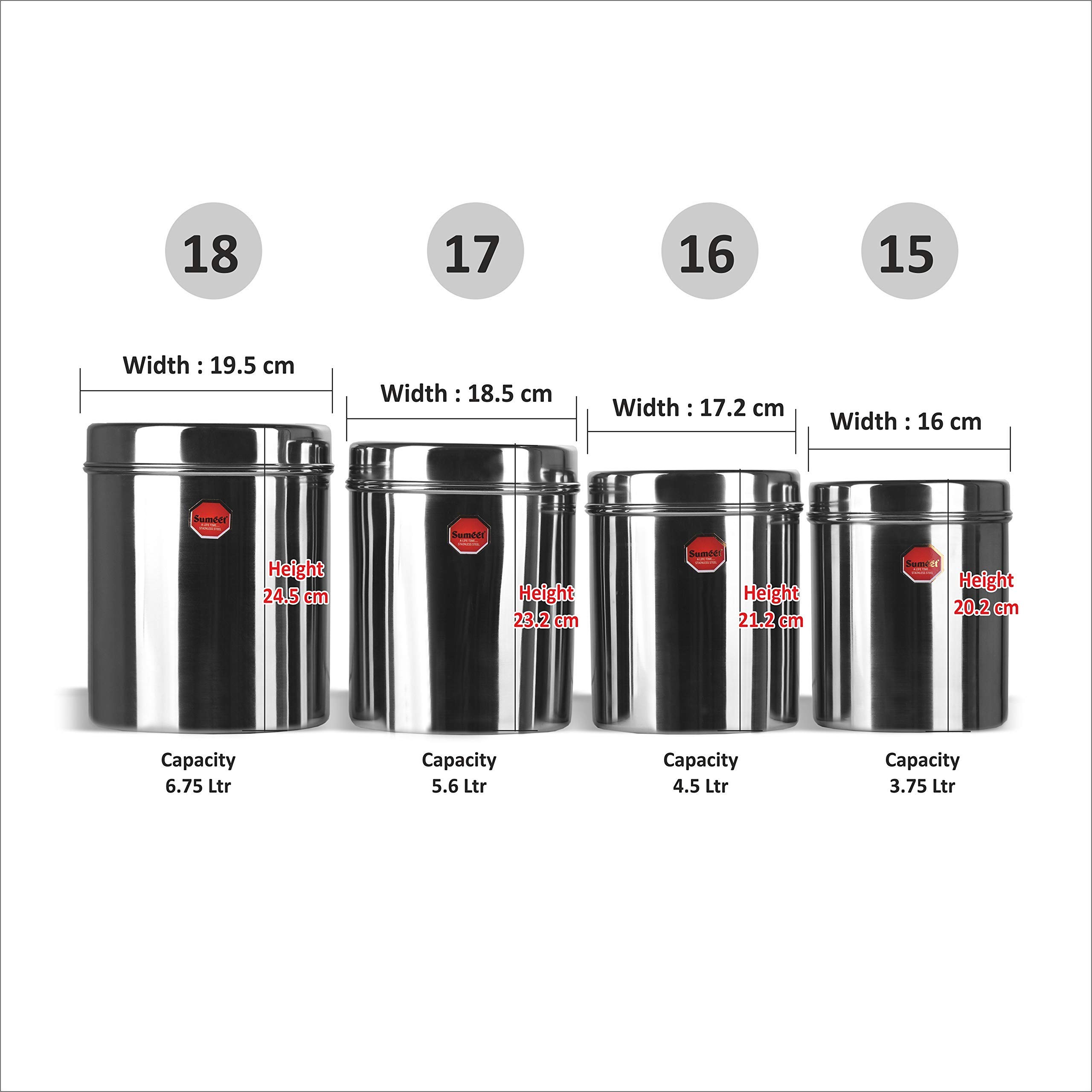 Sumeet Stainless Steel Vertical Canisters/Ubha Dabba/Storage Containers Set Of 4Pcs (No. 15 To No. 18) (3.75 Ltr, 4.5Ltr, 5.6Ltr, 6.75Ltr), Beige – view 4