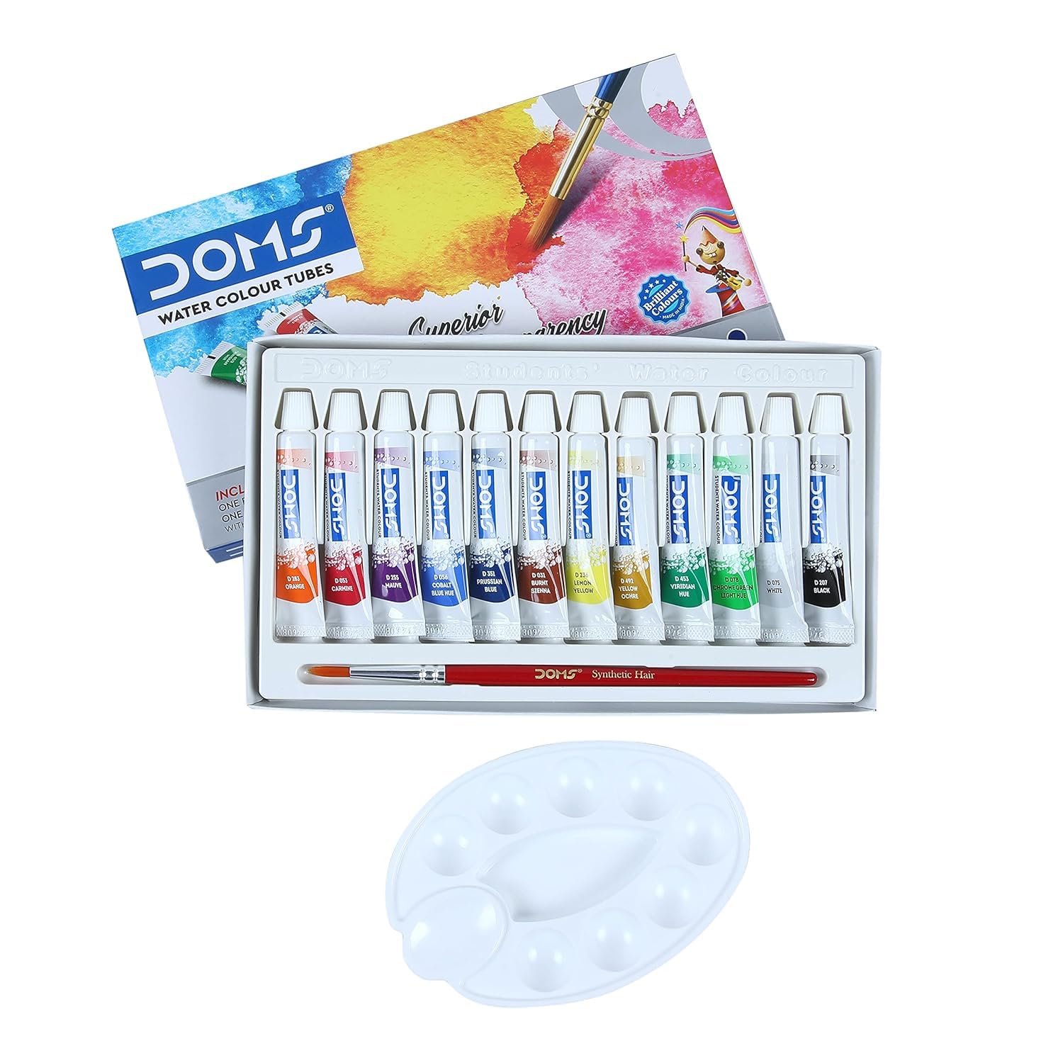 Doms Non-Toxic Water Colour Tube Set in Cardboard Box (12 Assorted Shades, 1 Paint Brush & 1 Palette) – view 2