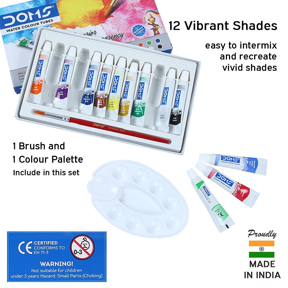 Doms Non-Toxic Water Colour Tube Set in Cardboard Box (12 Assorted Shades, 1 Paint Brush & 1 Palette) – view 3