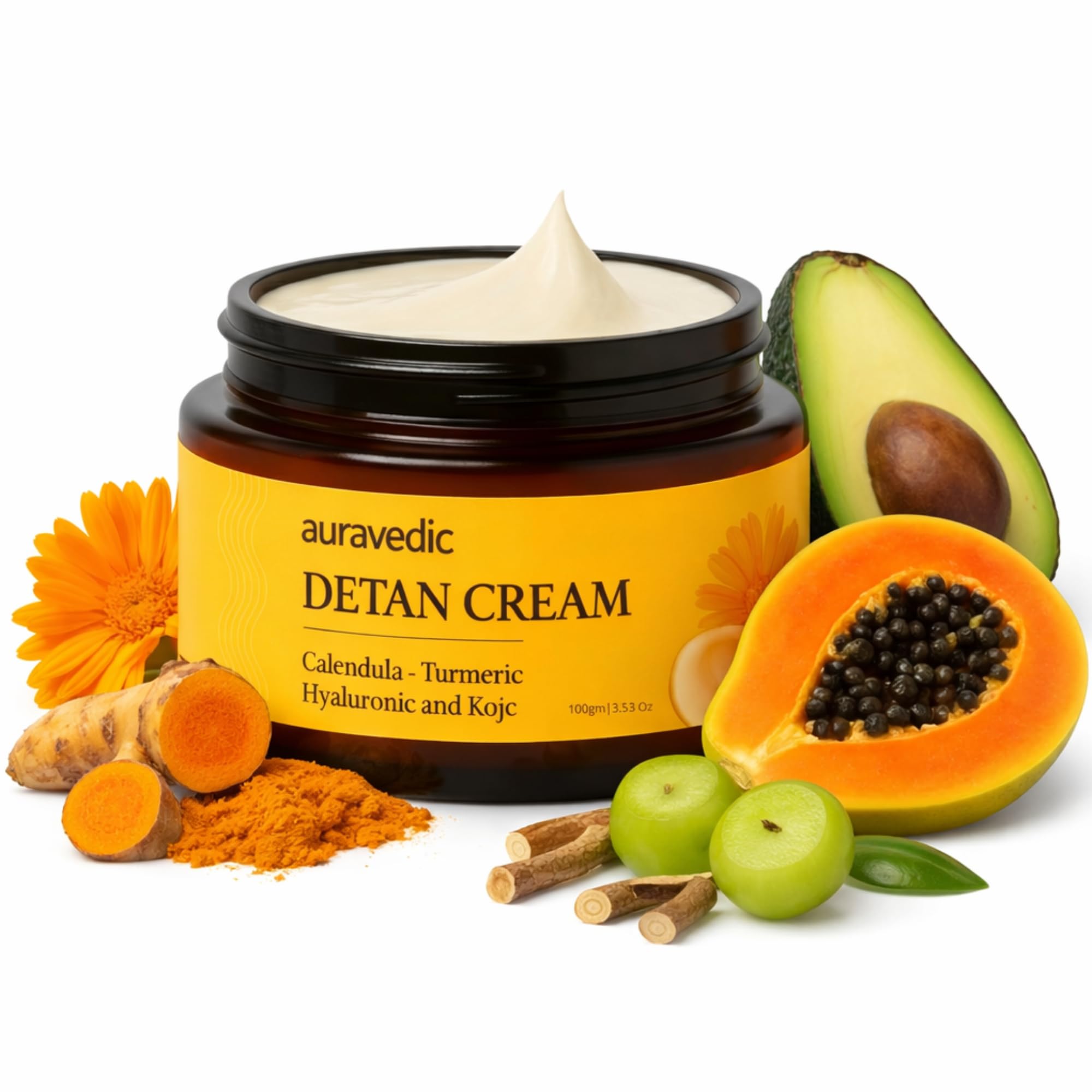 Auravedic de-tan cream 100g jar with papaya brightening formula