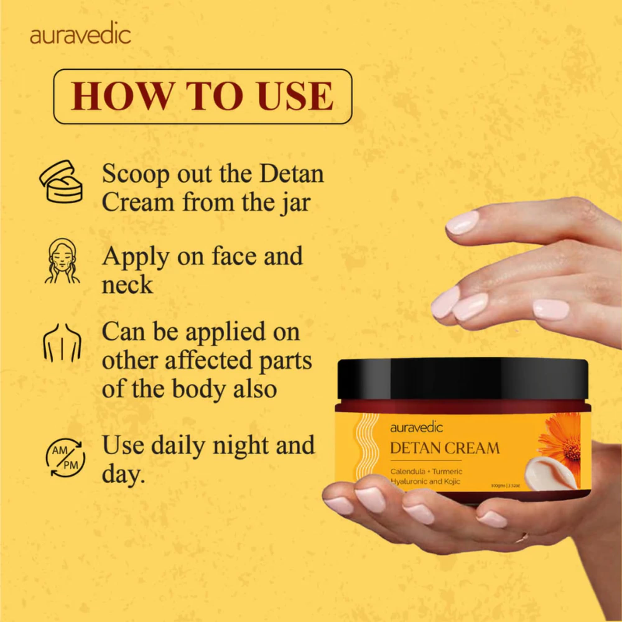 Auravedic Detan Cream for Tan Removal with Vitamin E Vitamin C Turmeric De Tan Cream for Suntan Removal 100g with Hyaluronic acid Alpha-Arbutin After Sun Niacinamide moisturizer for Women Men – view 6
