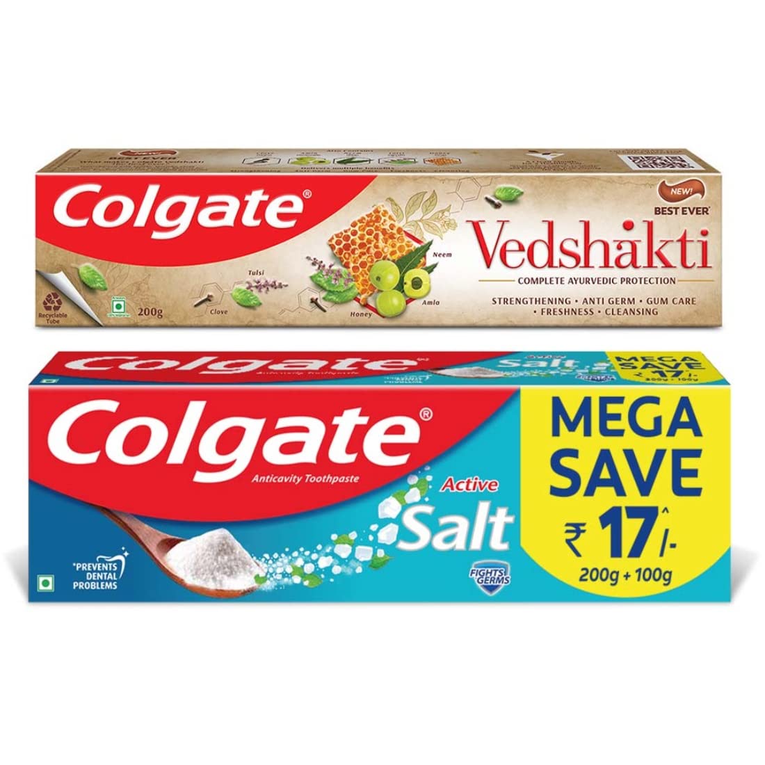 Colgate toothpaste combo pack with Swarna Vedshakti 200g and Active Salt 300g