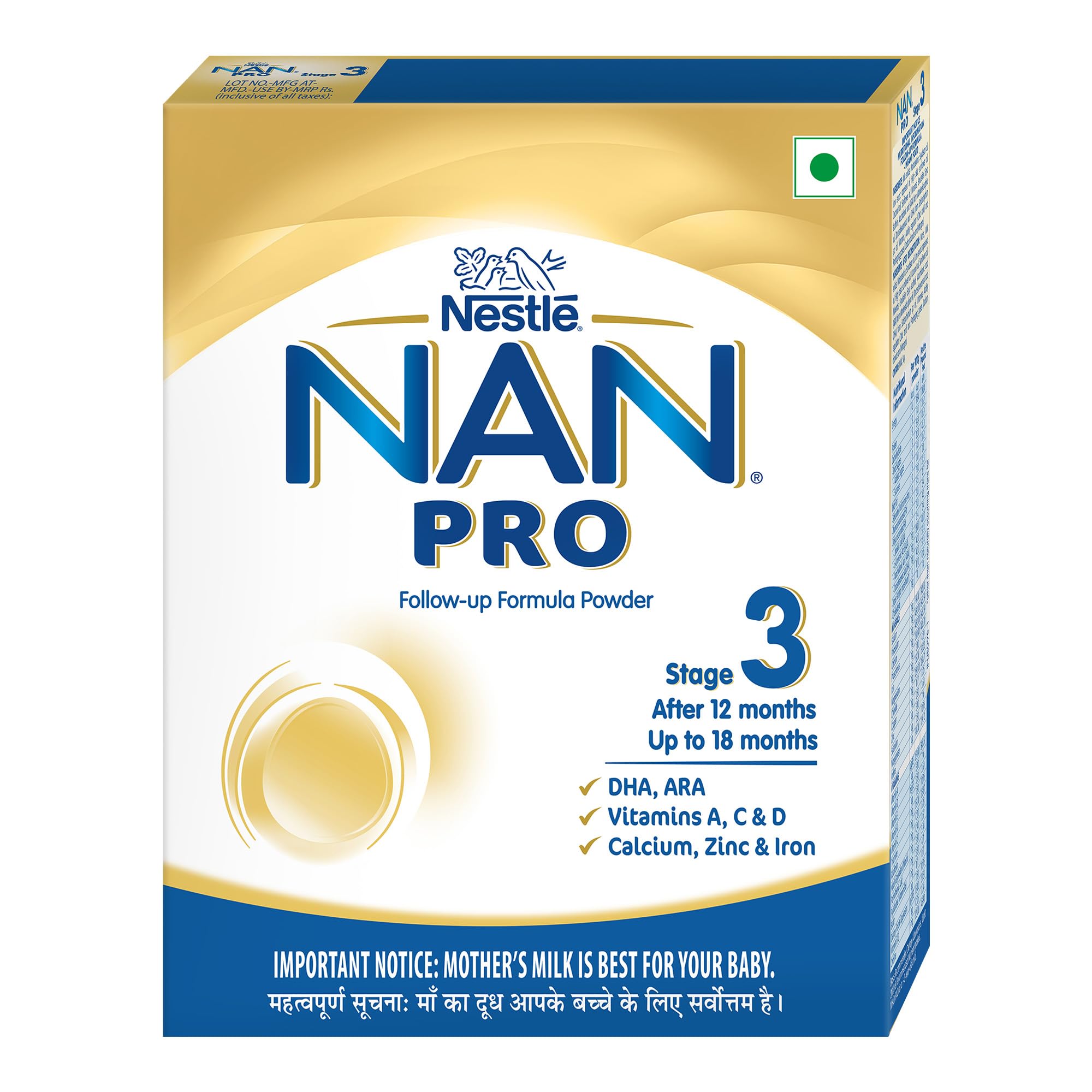 Nestle NAN PRO 3 Follow-Up Formula-Powder |After 12 months Upto 18 months|Stage 3, 400g Bag-In-Box Pack