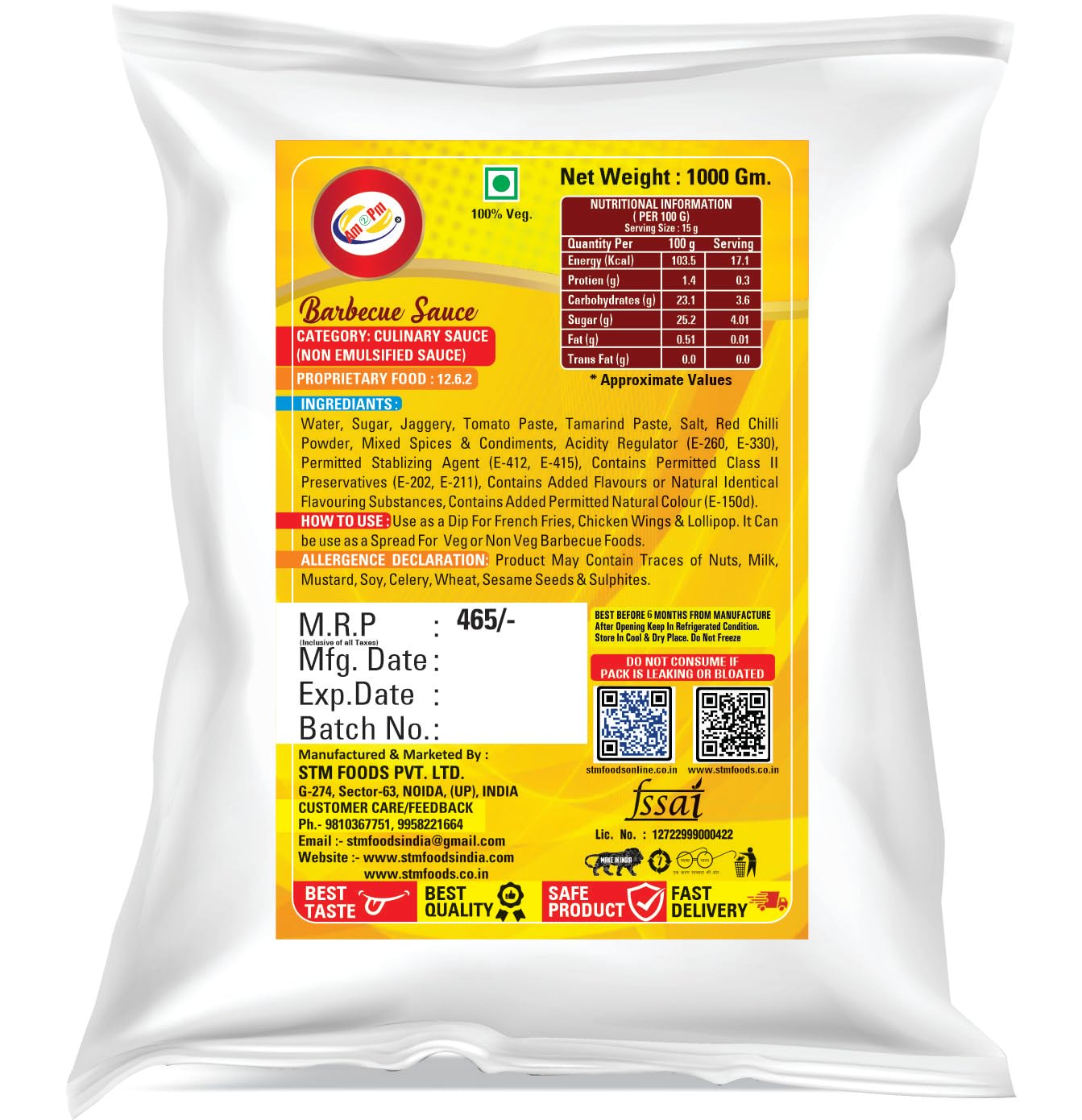 Am 2 Pm - Barbecue Sauce Dip For French Fries, Chicken Wings & Lollipop and Spread For Veg Or Non Veg - 1Kg – view 2